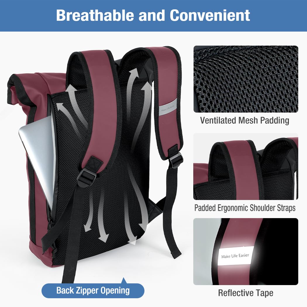 Lekeinchi Rolltop Rucksack Wasserdicht für Damen & Herren, Großer Laptop Rucksack mit Computerfach für 17 Zoll Laptop, Elegant Reiserucksack Daypack für Reisen, Radfahren, Uni Schule, Arbeit-Blau