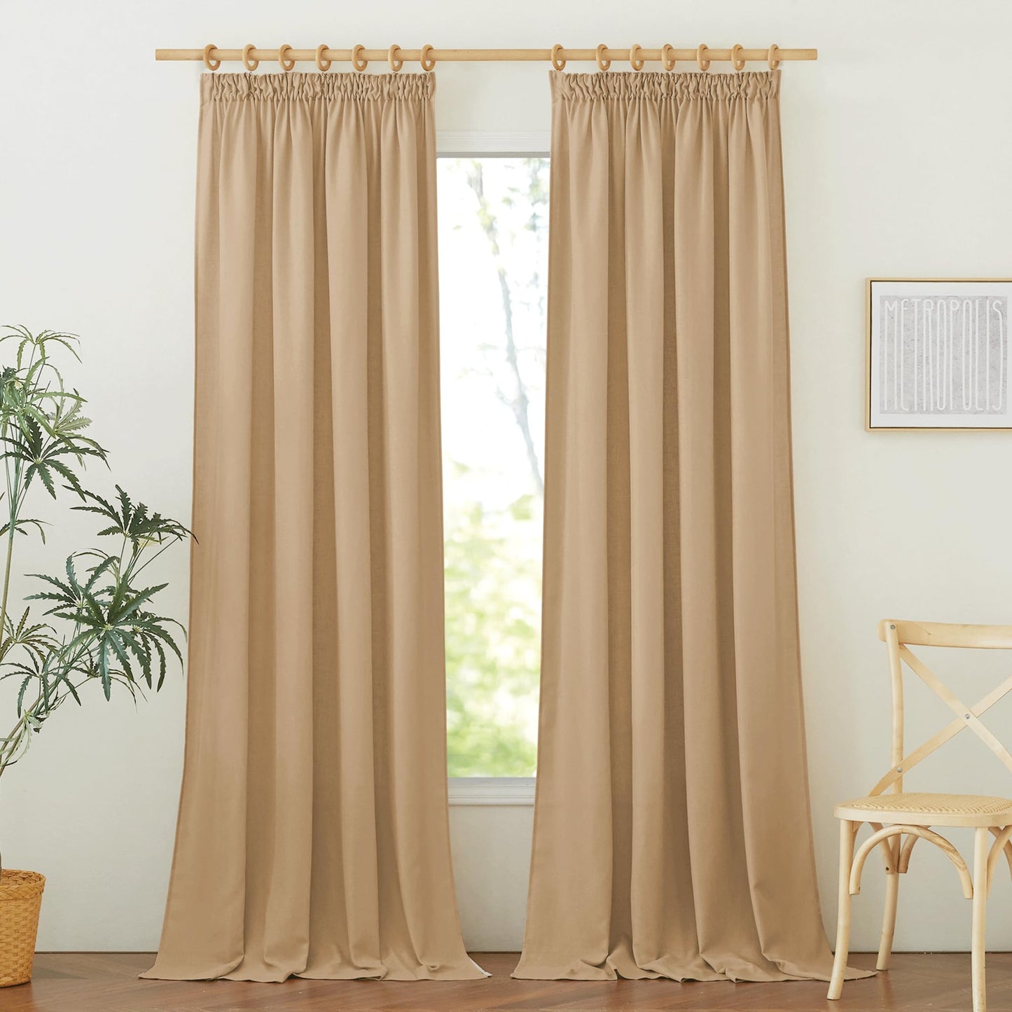PONY DANCE Leinenvorhang Kräuselband Wohnzimmer Vorhänge Boho 2er Set H 245 x B 140 cm Leinen Gardinen für Schienensystem Leinenoptik Vorhänge Halbtransparent Linen Curtains Living Room, Beige