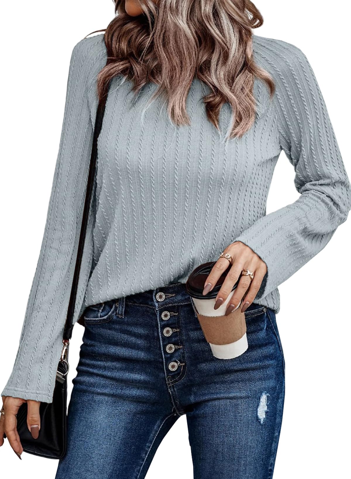 Dokotoo Langarmshirt Damen Rundhals Strickmuster T-Shirt Basic Longsleeve Shirts Herbst Winter Leichte Lässige Oberteile Tunika Pullover S-XXL