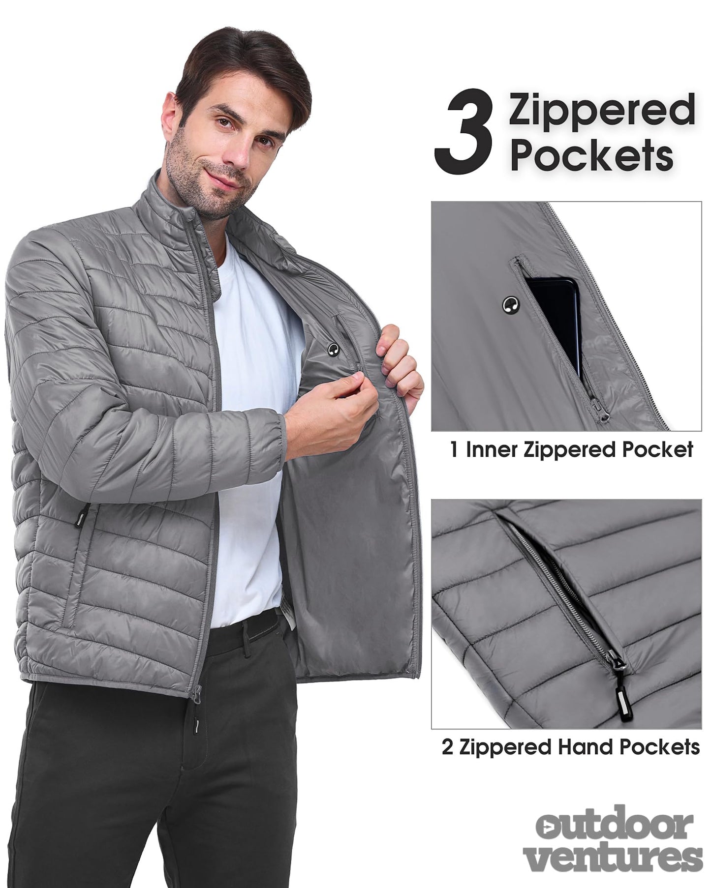 Outdoor Ventures Herren Steppjacke Packbare Leichte Warme Übergangsjacke Herren Wasserfeste Pufferjacke mit 3 Taschen für Outdoor Casual Wandern