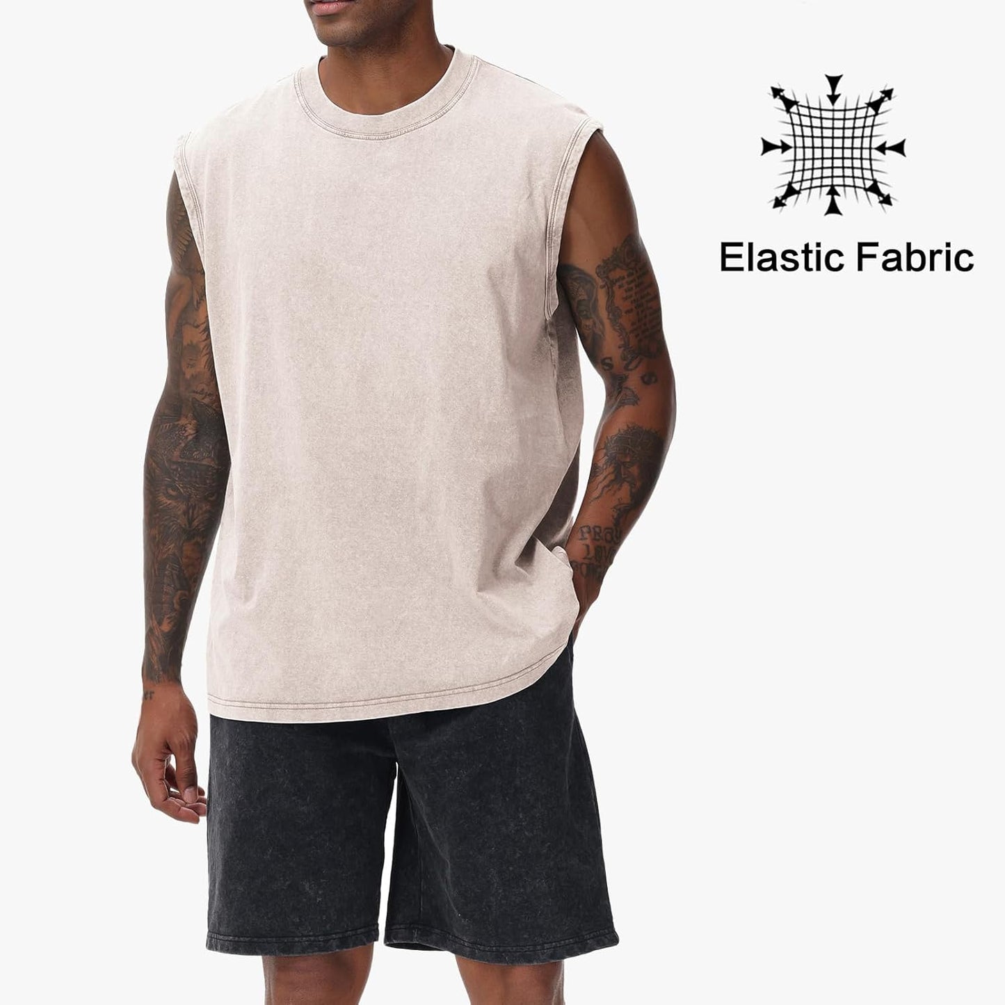 Herren Kurzarm Sommer Ärmelloses Shirt, Männer Fitness ärmellos Weste, Washed Sleeveless t-Shirt, Workout, Fitnessstudio, Baumwolle