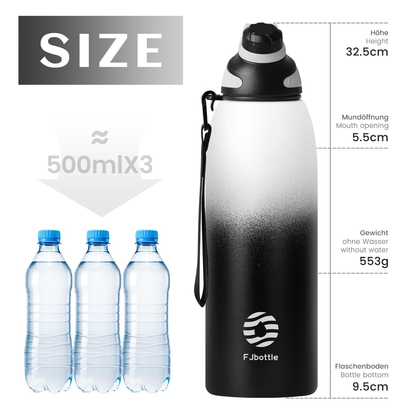 Fjbottle Edelstahl Trinkflasche Sport mit Magnetischem Deckel 1L, 800ml, 600ml, 400ml BPA-Frei Auslaufsichere Kinder Flasche - Kohlensäure geeignet 1500ML Wasserflasche Thermo für Schule, Fitness