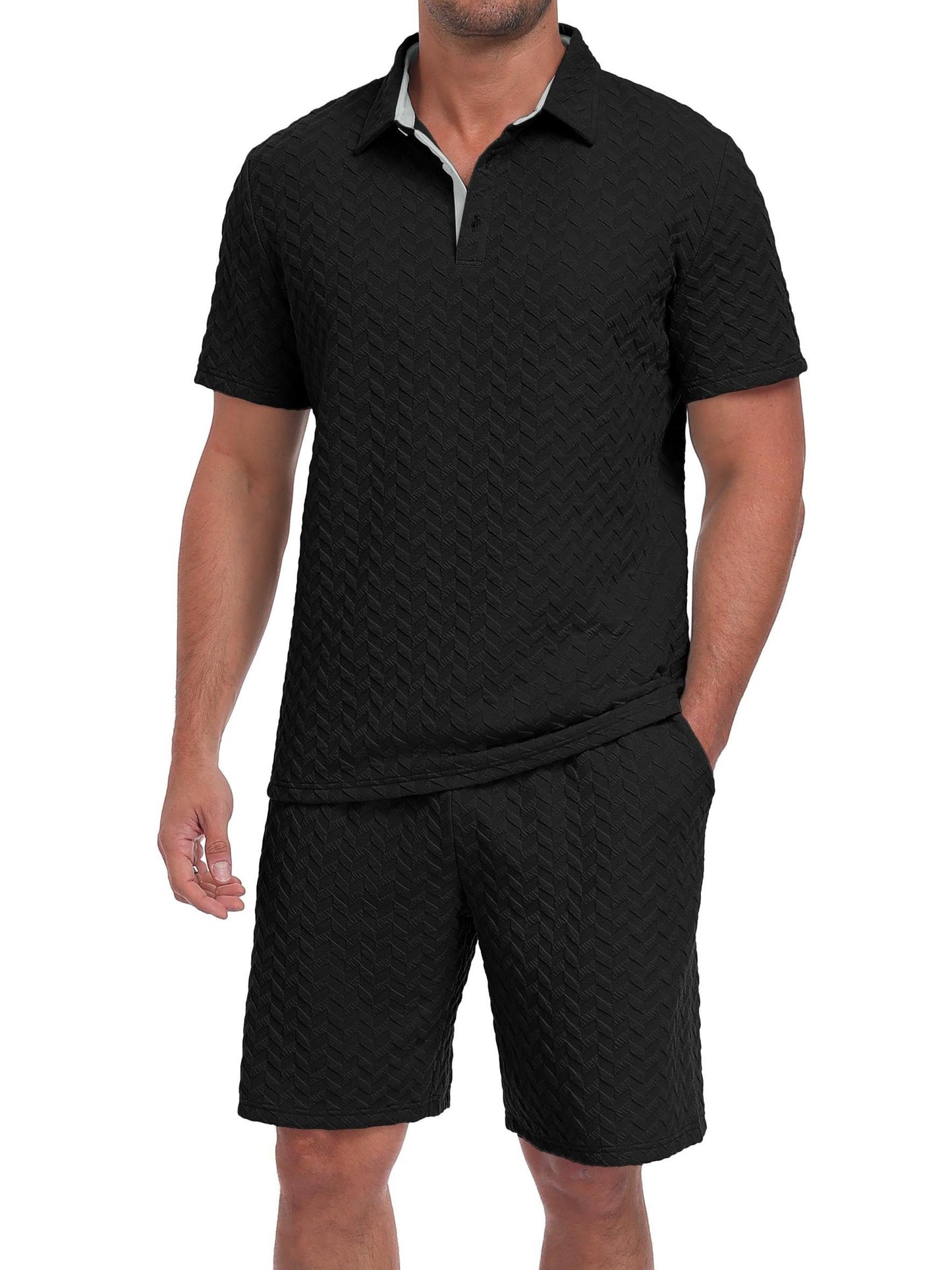 QIXING Herren Sommer Set 2 Teiler Polohemd und Shorts Set Herren Kurzarm Polo Shirt mit Strukturmuster Leichtes Freizeit Outfit für Urlaub Strand Reisen und Alltag