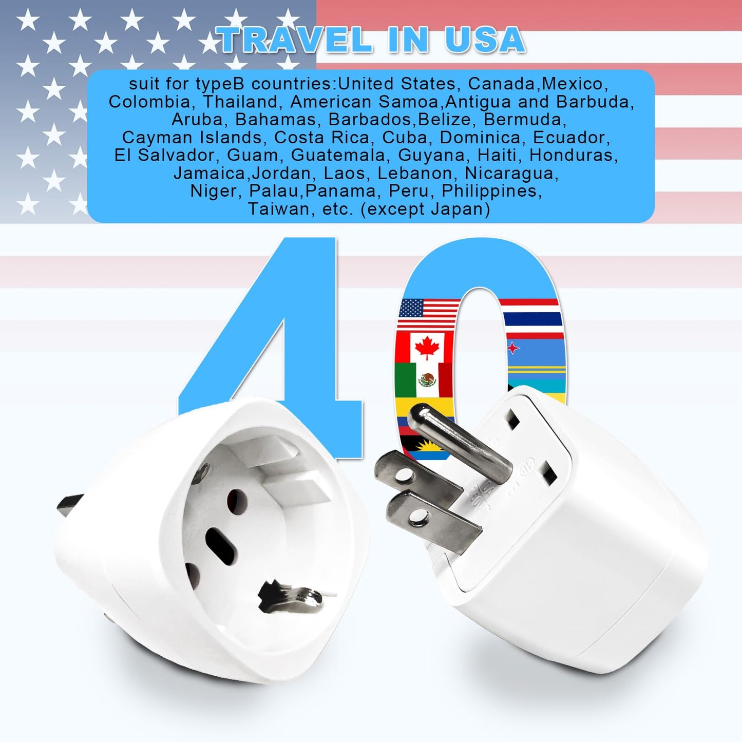 Reiseadapter USA 2Stück，USA Adapter Steckdose Deutschland Plug ，Adapter USA Deutschland Stecker für EU zu Amerika/Kanada/Mexiko/Thailand usw,Typ B Reisestecker Stromadapter,Weiß