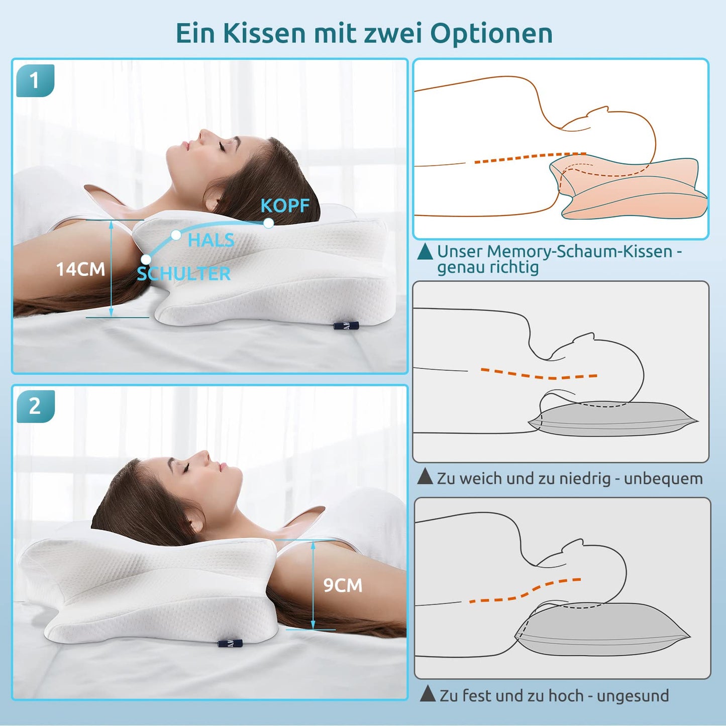 DONAMA Memory Foam Kissen ergonomisches Nackenkissen Kopfkissen Seitenschläferkissen für Seiten, Rücken & Bauchschläfer