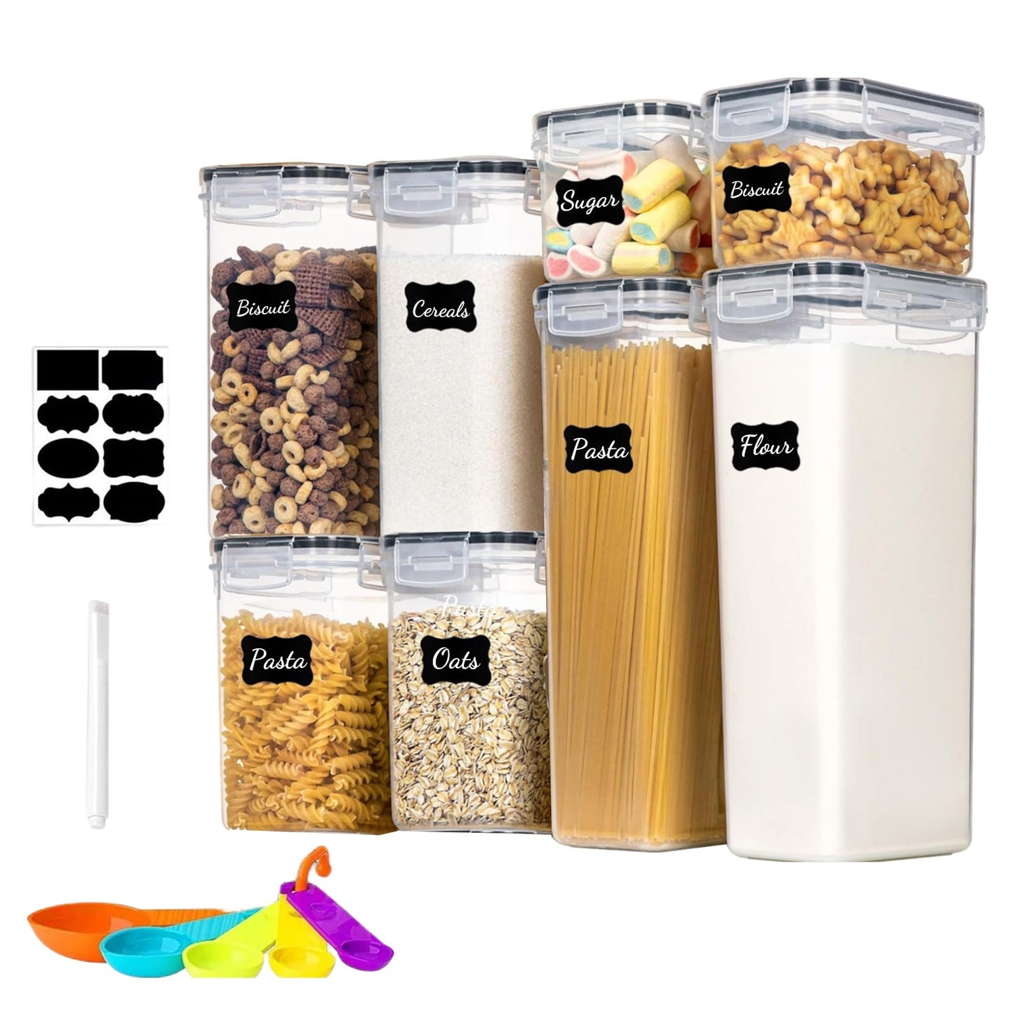 stusgo 24 Airtight Food Storage Containers with Lids Plastic Containers for Kitchen and Organization Cereal Flour and Sugar BPA Free Includes Spoon, Labels and a Pen