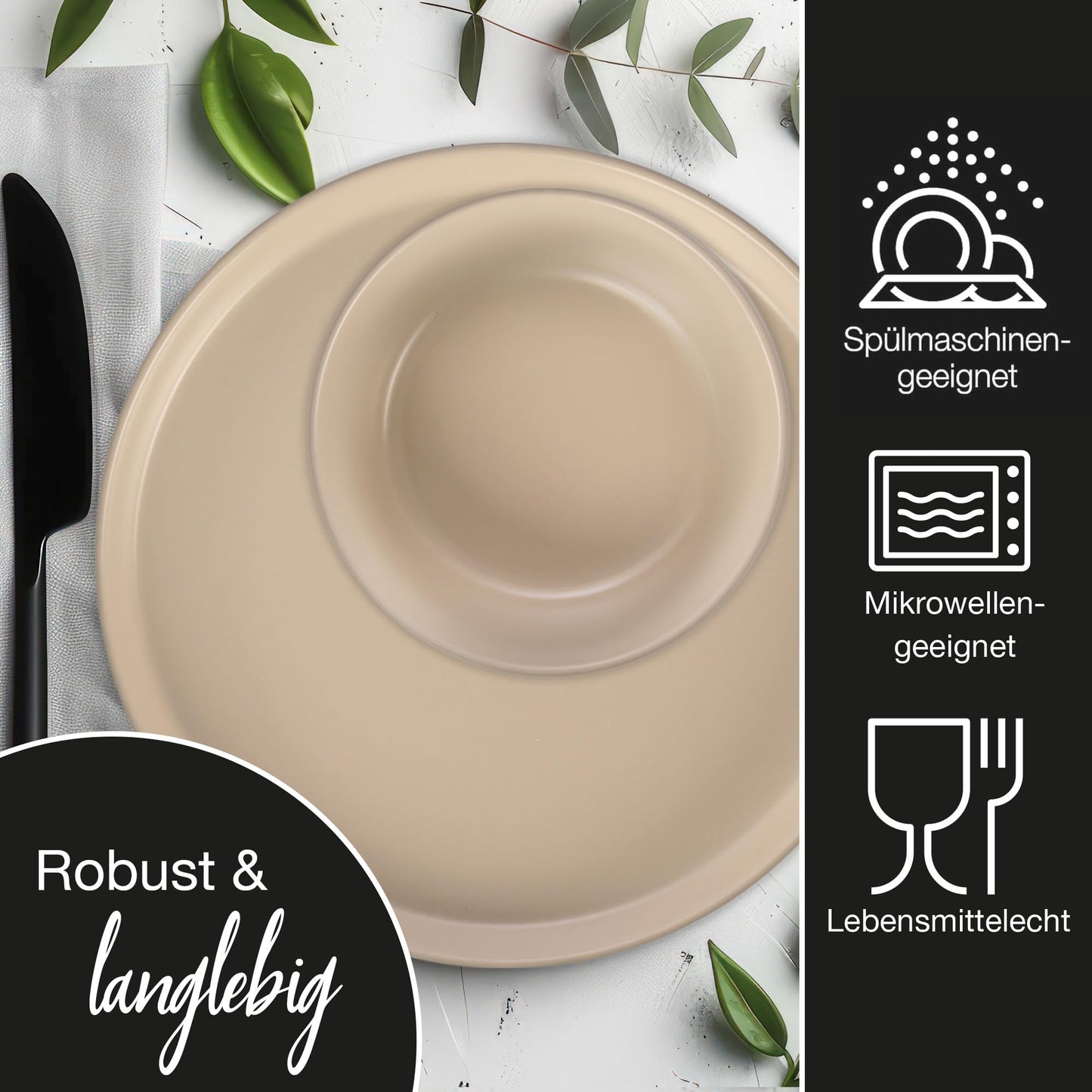 Moritz & Moritz NORDIC Geschirrset 6 Personen 18-teilig Taupe - Elegantes Teller Set aus hochwertigem Steinzeug - Geschirr Set aus 6x Dinnerteller, 6x Dessertteller, 6x Suppenteller