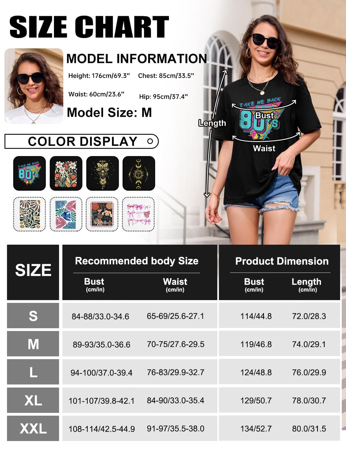 Lonya T Shirt Damen Oversized Vintage Rundhals Kurzarm 80er Jahre Brief Gedruckt Schleife Blumen Sonne Mond Muster Sommer Bluse Baumwolle Oberteile Tops Retro 80s Casual Lockere Basic Tee Shirt