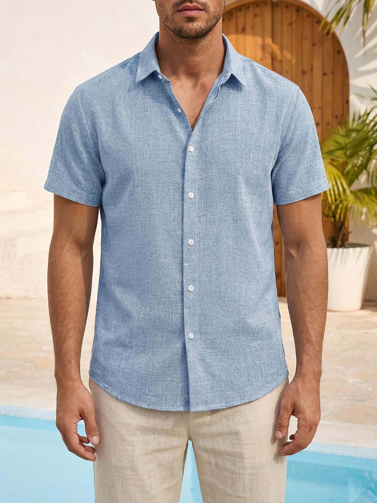 Runcati Herren Hemd Kurzarm Leicht Sommerhemd Männer Regular Fit Leinenhemd Hochzeit Business Strand Freizeithemd Casual Einfarbig Basic Shirt