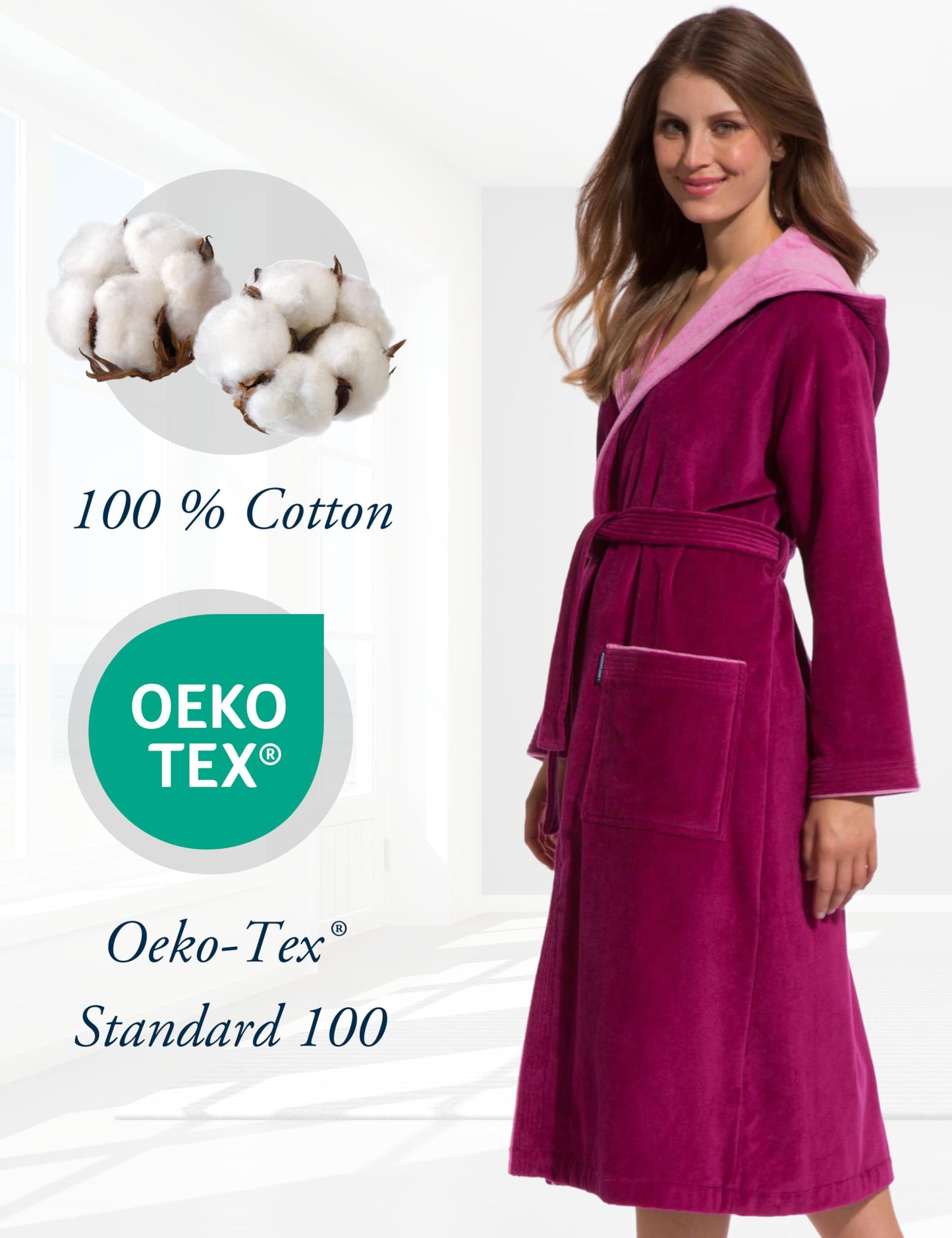 Morgenstern Bademantel Damen 100% Baumwolle mit Kapuze Frottee-Velours OEKO-TEX Leonie