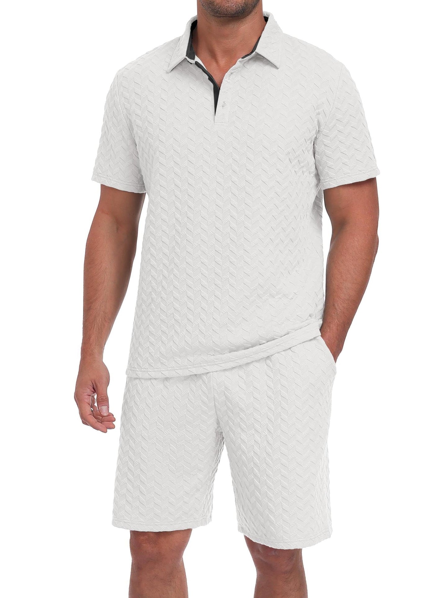 QIXING Herren Sommer Set 2 Teiler Polohemd und Shorts Set Herren Kurzarm Polo Shirt mit Strukturmuster Leichtes Freizeit Outfit für Urlaub Strand Reisen und Alltag