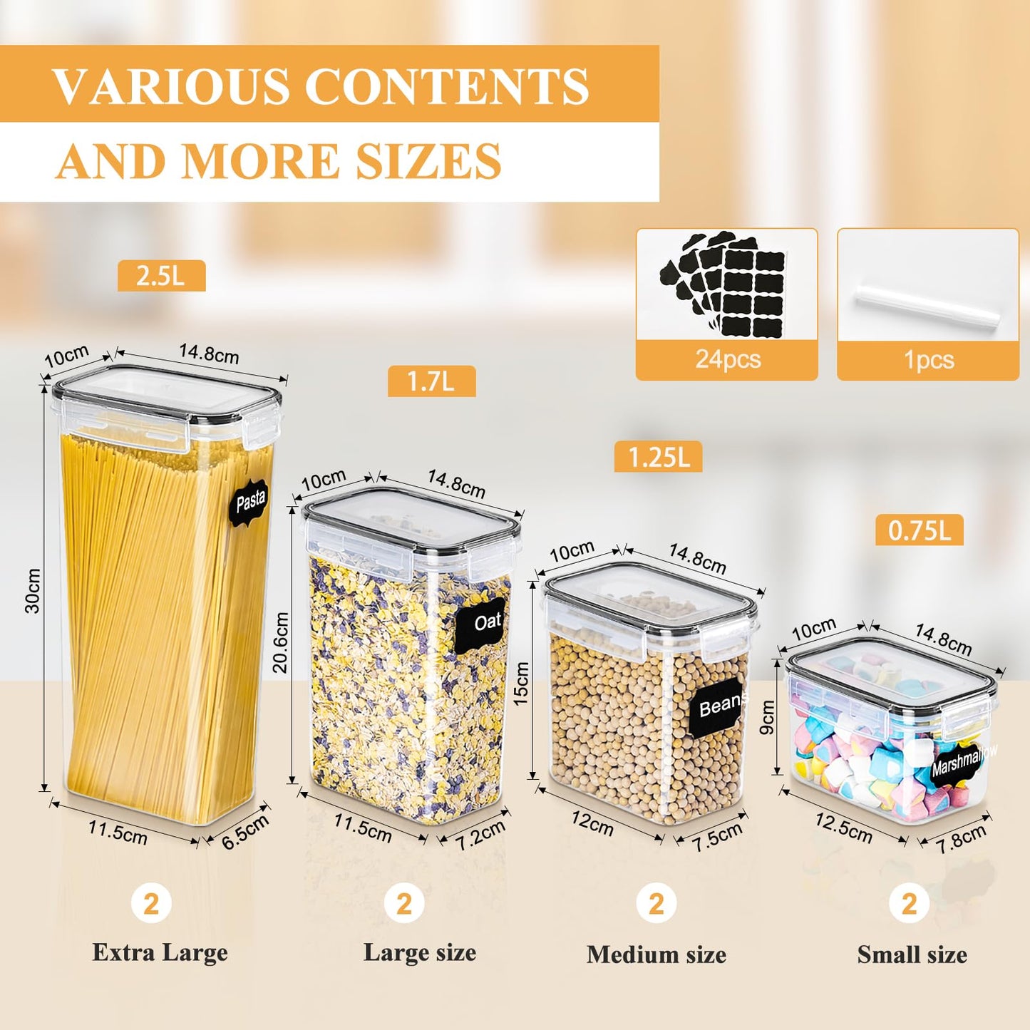 L LONGANCHANG Vorratsdosen mit Deckel Luftdicht Set of 16, BPA frei, Aufbewahrungsbox mit Deckel, Mottensichere Küchen Organizer Cornflakes Müsli Mehl Aufbewahrung, Vorratsbehälter mit Etiketten