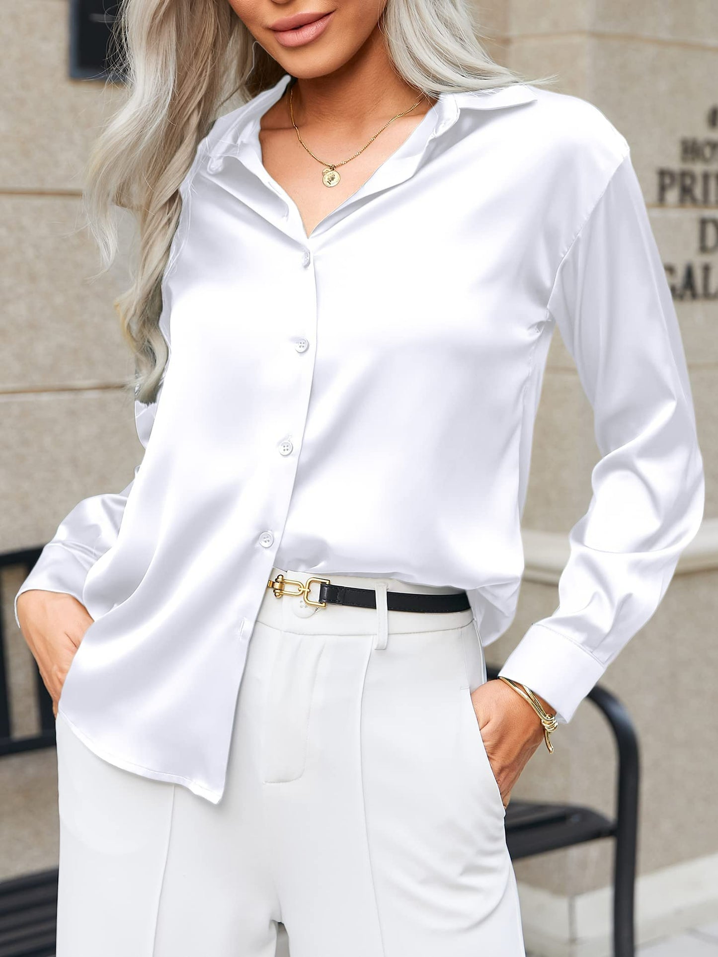 Beyove Damen Bluse Satin Seide V-Ausschnitt Hemden Elegant Langarm Business Oberteile mit Knöpfen Tops Lose Langarmshirt