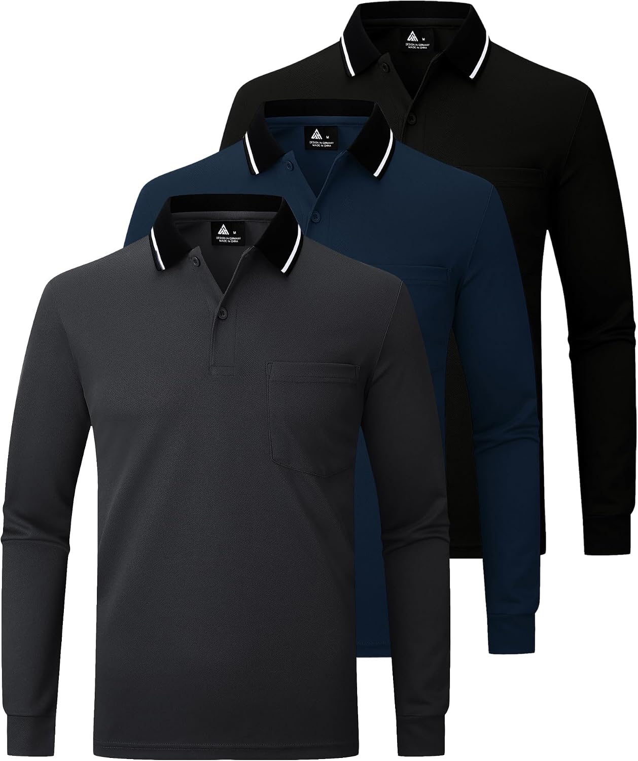 JACKETOWN 3er Pack Poloshirt Herren Langarm Atmungsaktiv Poloshirt Set Knopfkragen Arbeitshemd Golf Polohemd Frühling Herbst Arbeits T Shirt mit Tasche