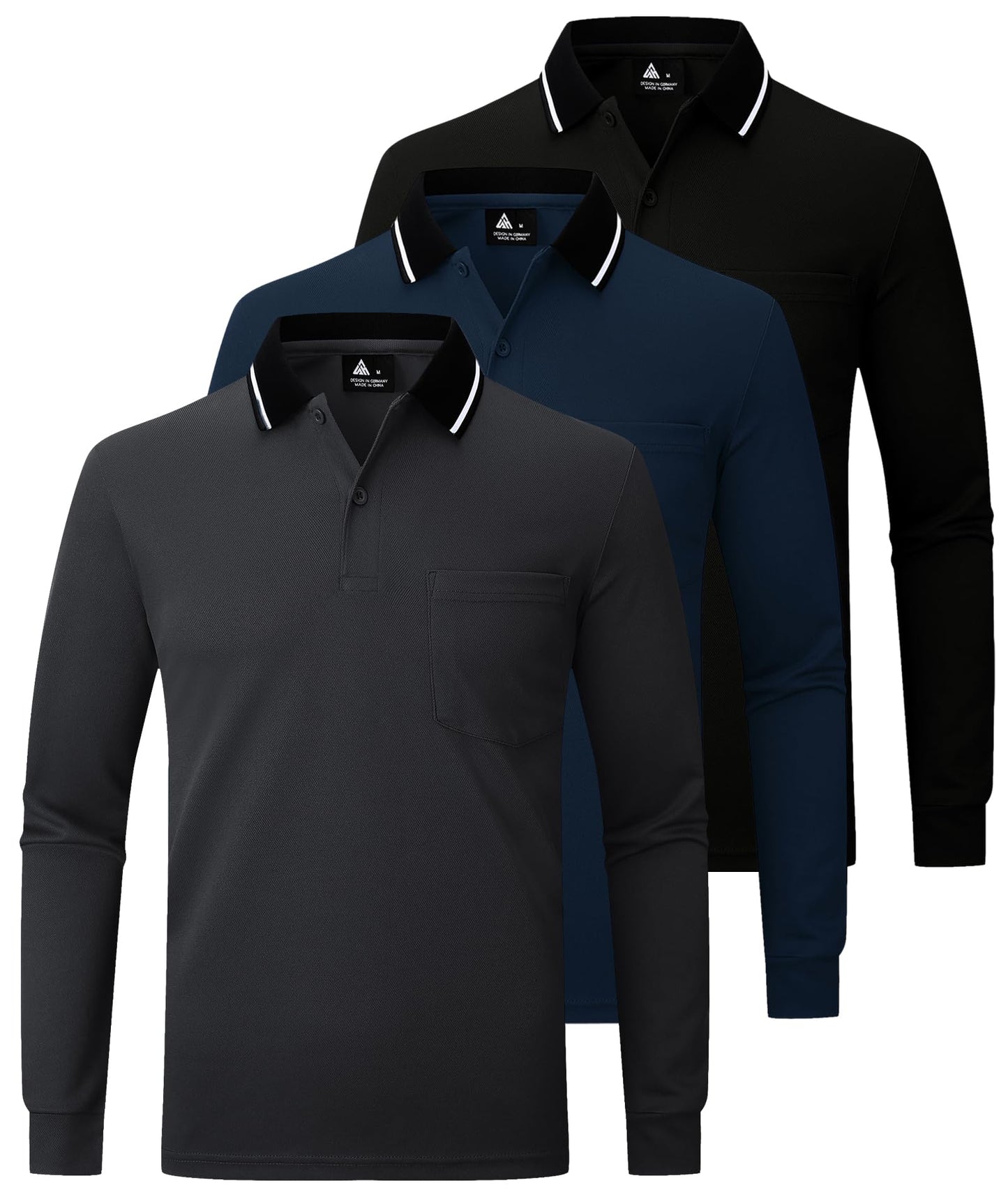 JACKETOWN 3er Pack Poloshirt Herren Langarm Atmungsaktiv Poloshirt Set Knopfkragen Arbeitshemd Golf Polohemd Frühling Herbst Arbeits T Shirt mit Tasche