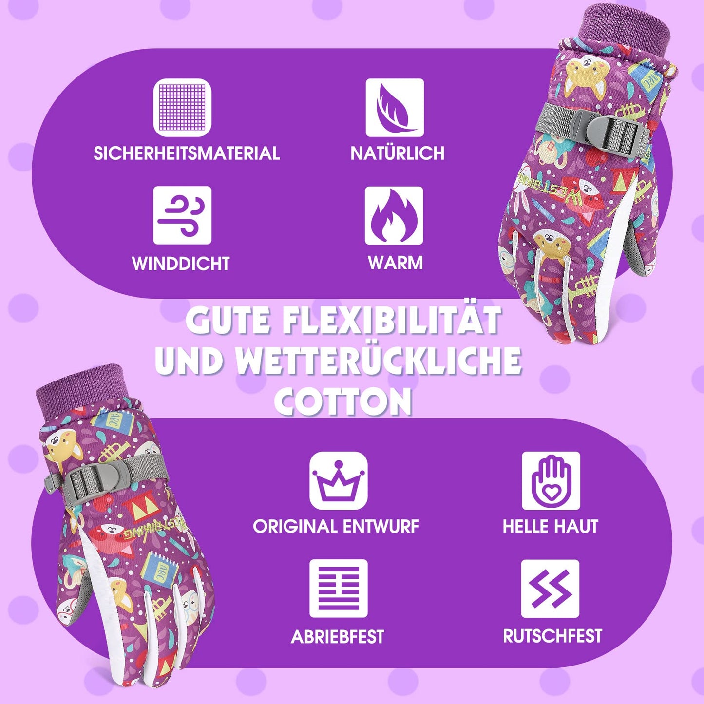 WESTGIRL Children’s Winter Gloves, Windproof, Warm Ski Gloves, Thermal Fleece, Water-Repellent Cartoon Snow Gloves, Outdoor Gloves for Snowboarding, Cycling, for Boys and Girls Aged 3–12 Years