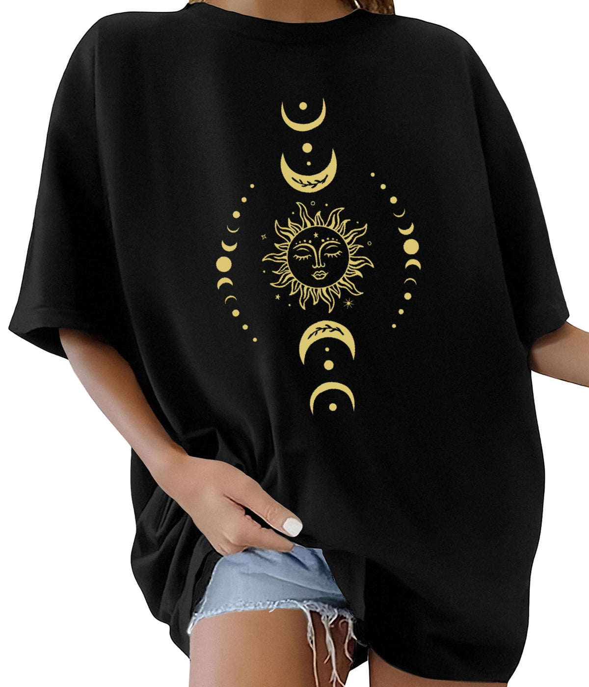 Lonya T Shirt Damen Oversized Vintage Rundhals Kurzarm 80er Jahre Brief Gedruckt Schleife Blumen Sonne Mond Muster Sommer Bluse Baumwolle Oberteile Tops Retro 80s Casual Lockere Basic Tee Shirt