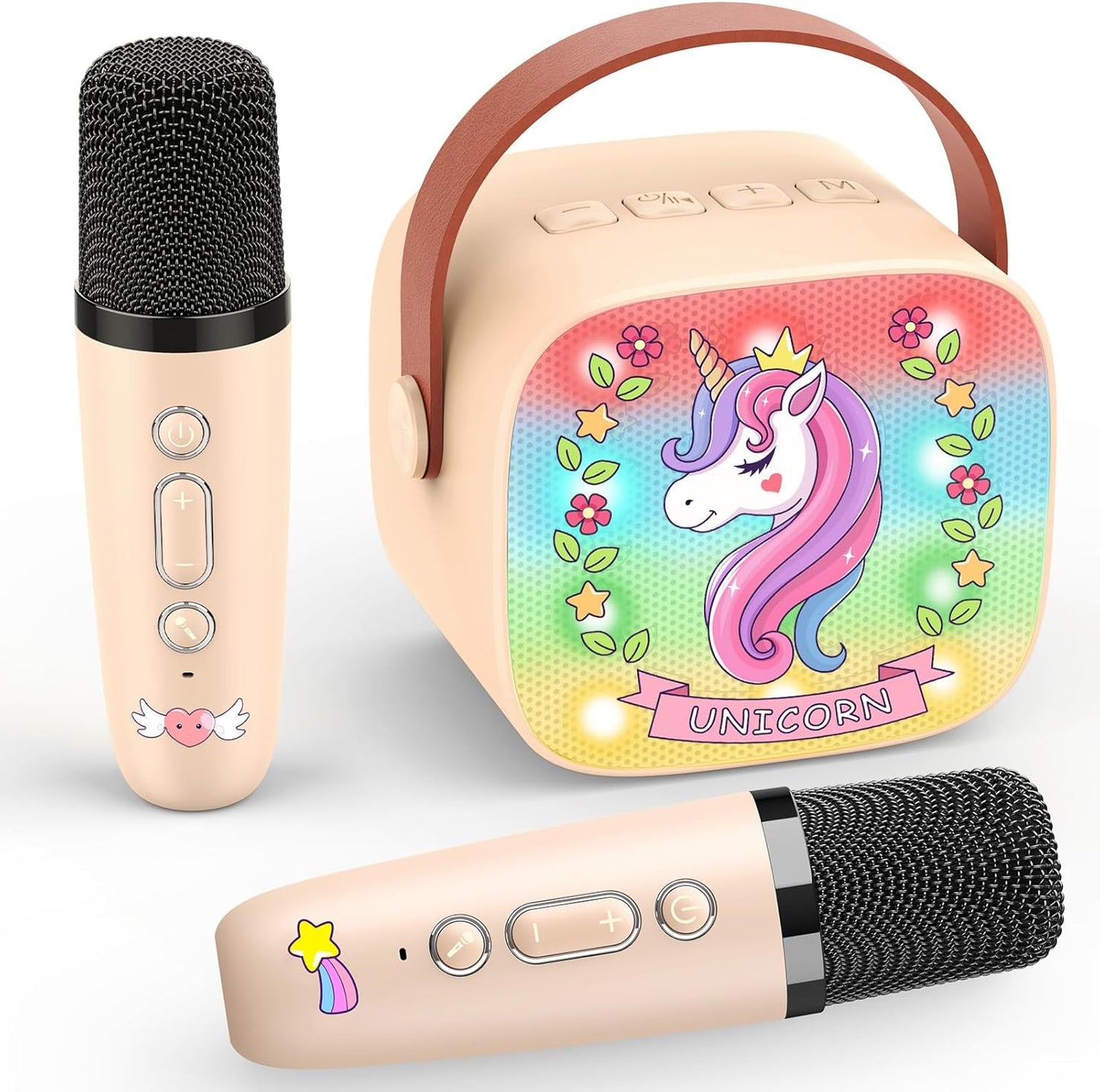 Karaoke Machine with 2 Bluetooth Microphones, Children's Unicorn Christmas Gifts Toy for Girls 3-12 Years, Portable Karaoke Microphone Set with DSP and LED Lights