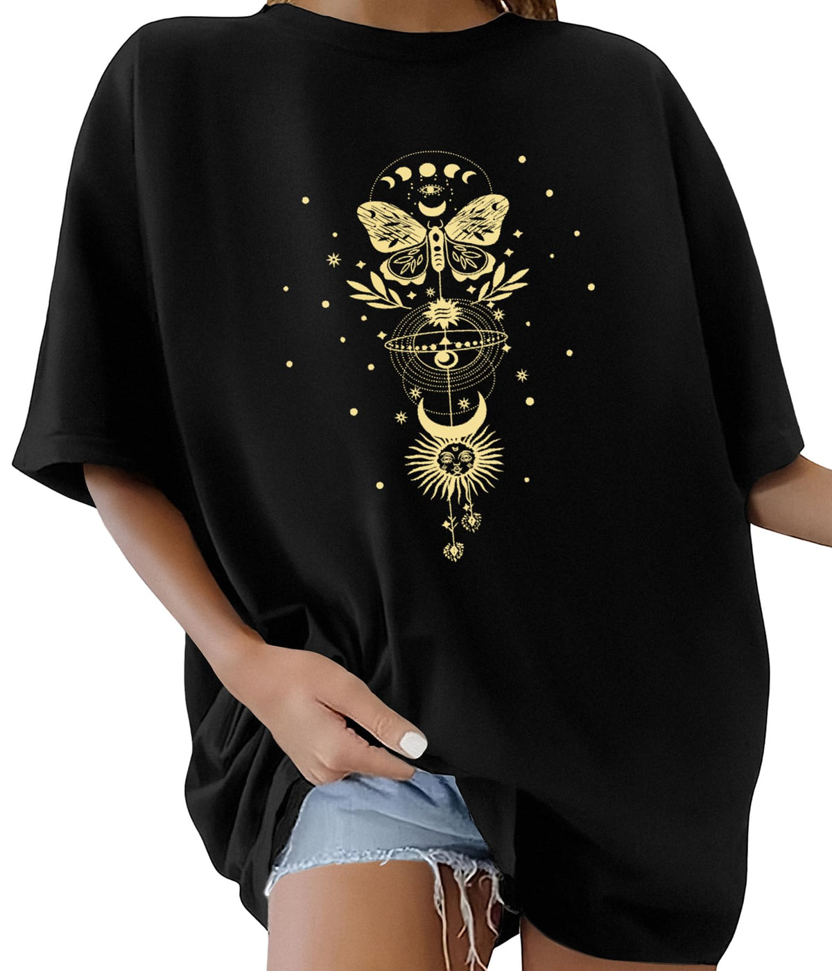 Lonya T Shirt Damen Oversized Vintage Rundhals Kurzarm 80er Jahre Brief Gedruckt Schleife Blumen Sonne Mond Muster Sommer Bluse Baumwolle Oberteile Tops Retro 80s Casual Lockere Basic Tee Shirt
