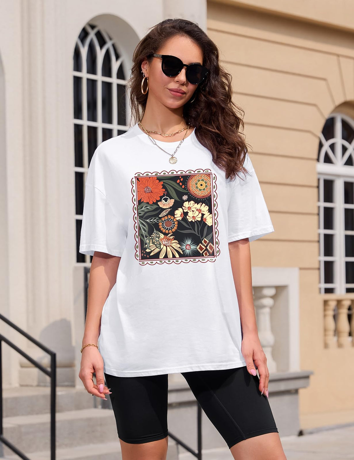 Lonya T Shirt Damen Oversized Vintage Rundhals Kurzarm 80er Jahre Brief Gedruckt Schleife Blumen Sonne Mond Muster Sommer Bluse Baumwolle Oberteile Tops Retro 80s Casual Lockere Basic Tee Shirt