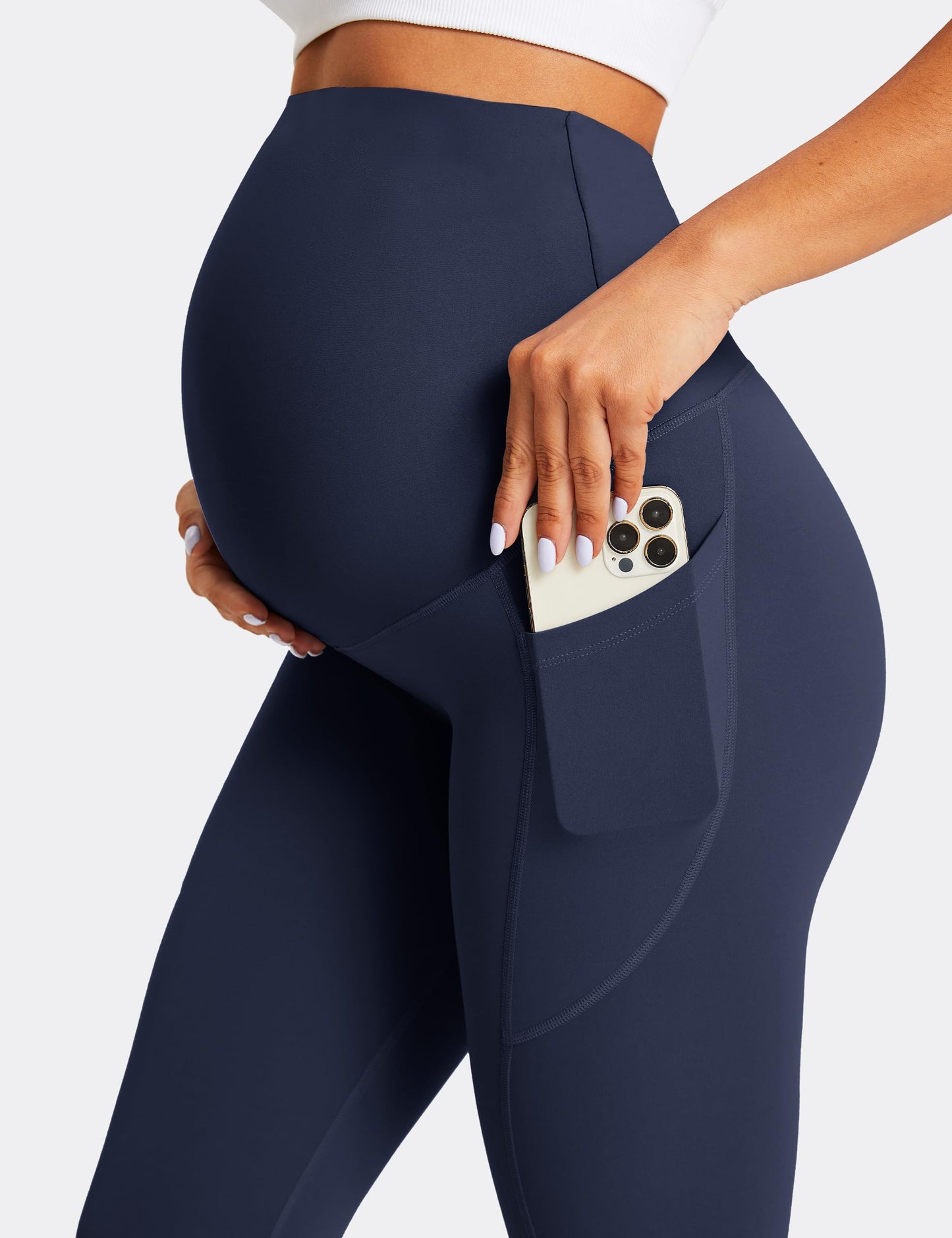 BAYDI Damen Umstandsleggings mit Taschen Blickdichte Lange Schwangerschaftsleggings High Waist Umstandshose Damen Weich elastisch Schwangerschaftshose