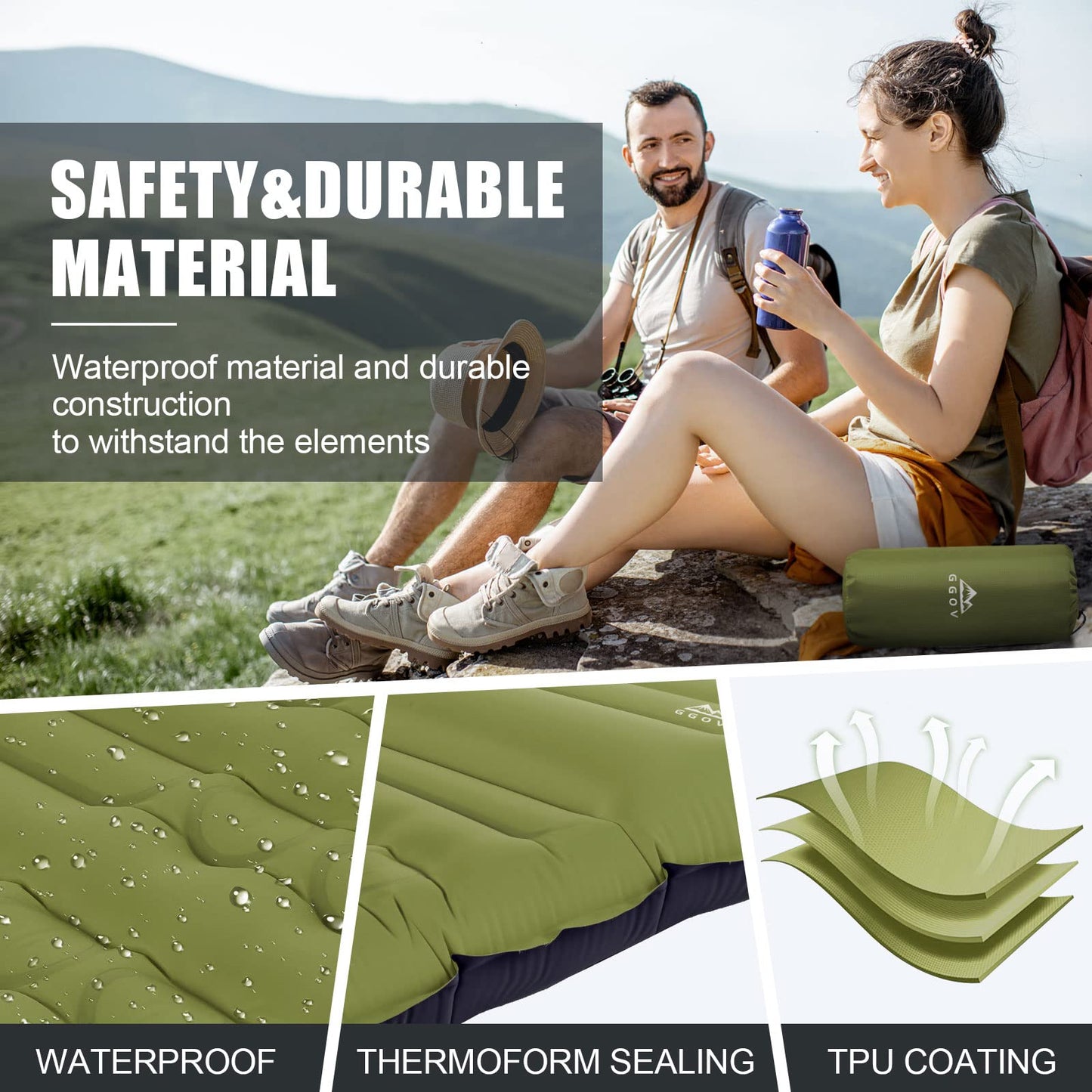 GGOV Isomatte Selbstaufblasend für Camping, 12 cm Höhe Bequeme Selbstaufblasende luftmatratze für Wandern, Ultraleicht Wasserdicht Luftmatratze Outdoor, mit Fußpresse Pumpe, Tragbar Kleines Packmass