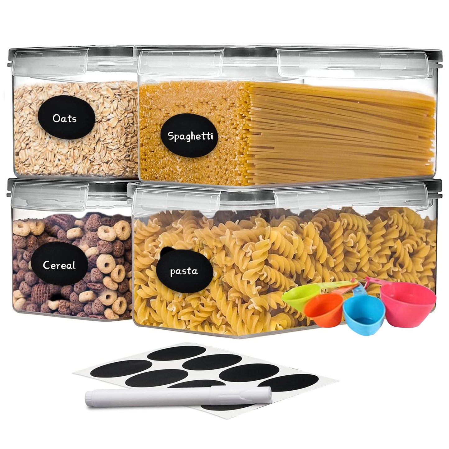 stusgo 24 Airtight Food Storage Containers with Lids Plastic Containers for Kitchen and Organization Cereal Flour and Sugar BPA Free Includes Spoon, Labels and a Pen