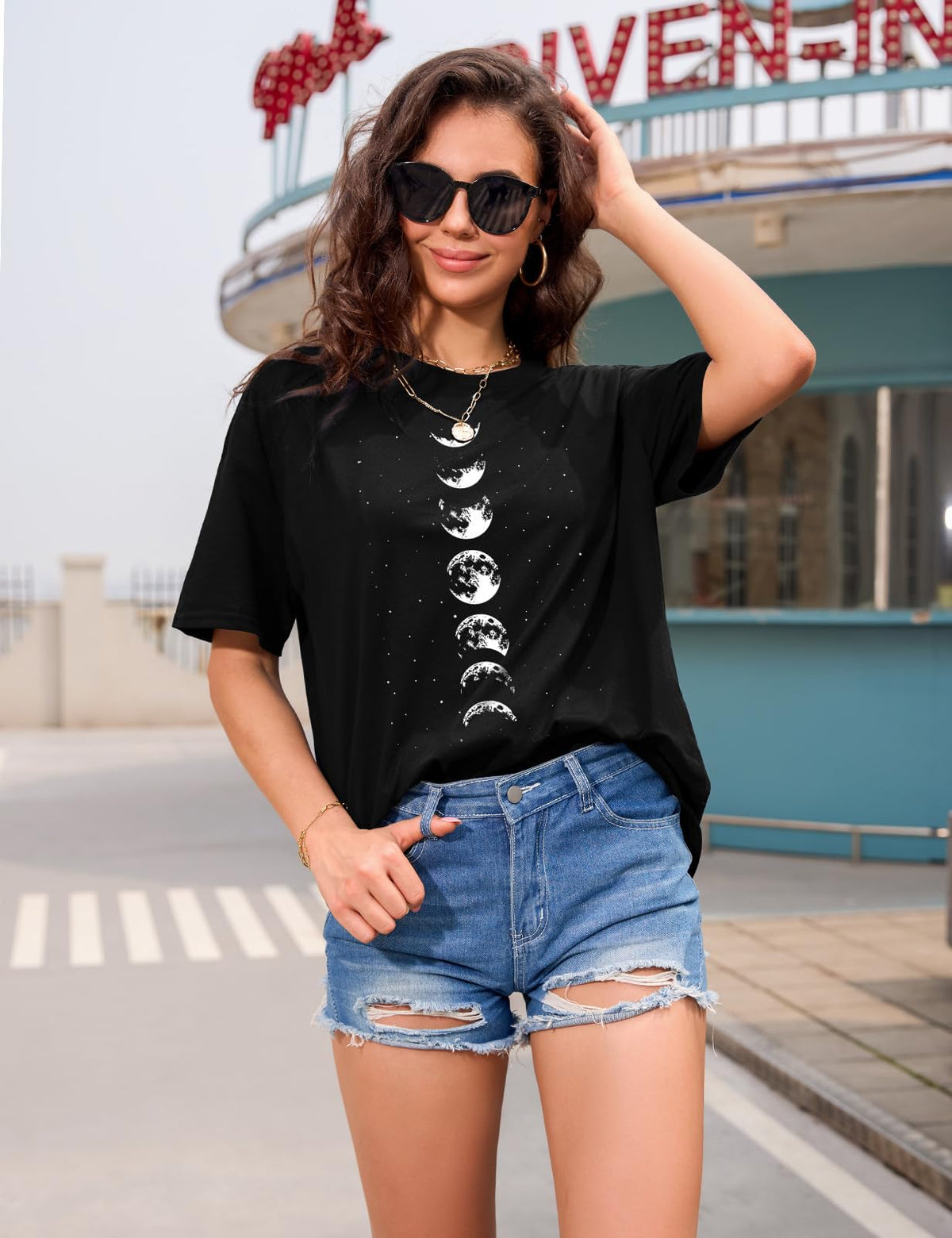 Lonya T Shirt Damen Oversized Vintage Rundhals Kurzarm 80er Jahre Brief Gedruckt Schleife Blumen Sonne Mond Muster Sommer Bluse Baumwolle Oberteile Tops Retro 80s Casual Lockere Basic Tee Shirt