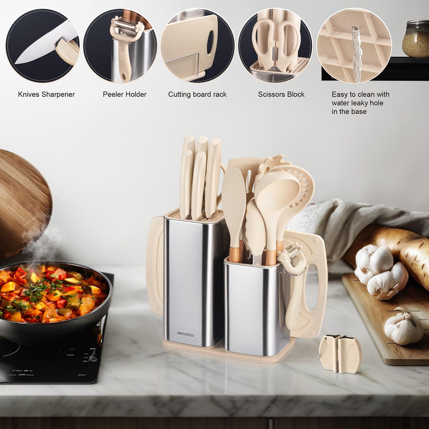 RAXCO Küchenmessersets Mit block,18 Teiligs Küchenutensilien Mit 5 Teiligs Messersets und 7 Teiligs Silikon Pfannenwender,Küchenhelfer sets, Schwarz