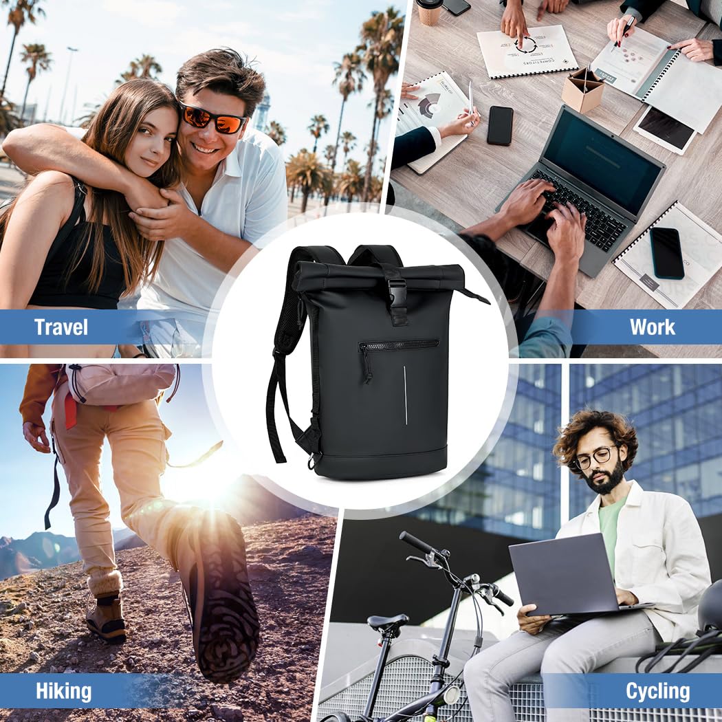 Lekeinchi Rolltop Rucksack Wasserdicht für Damen & Herren, Großer Laptop Rucksack mit Computerfach für 17 Zoll Laptop, Elegant Reiserucksack Daypack für Reisen, Radfahren, Uni Schule, Arbeit-Blau