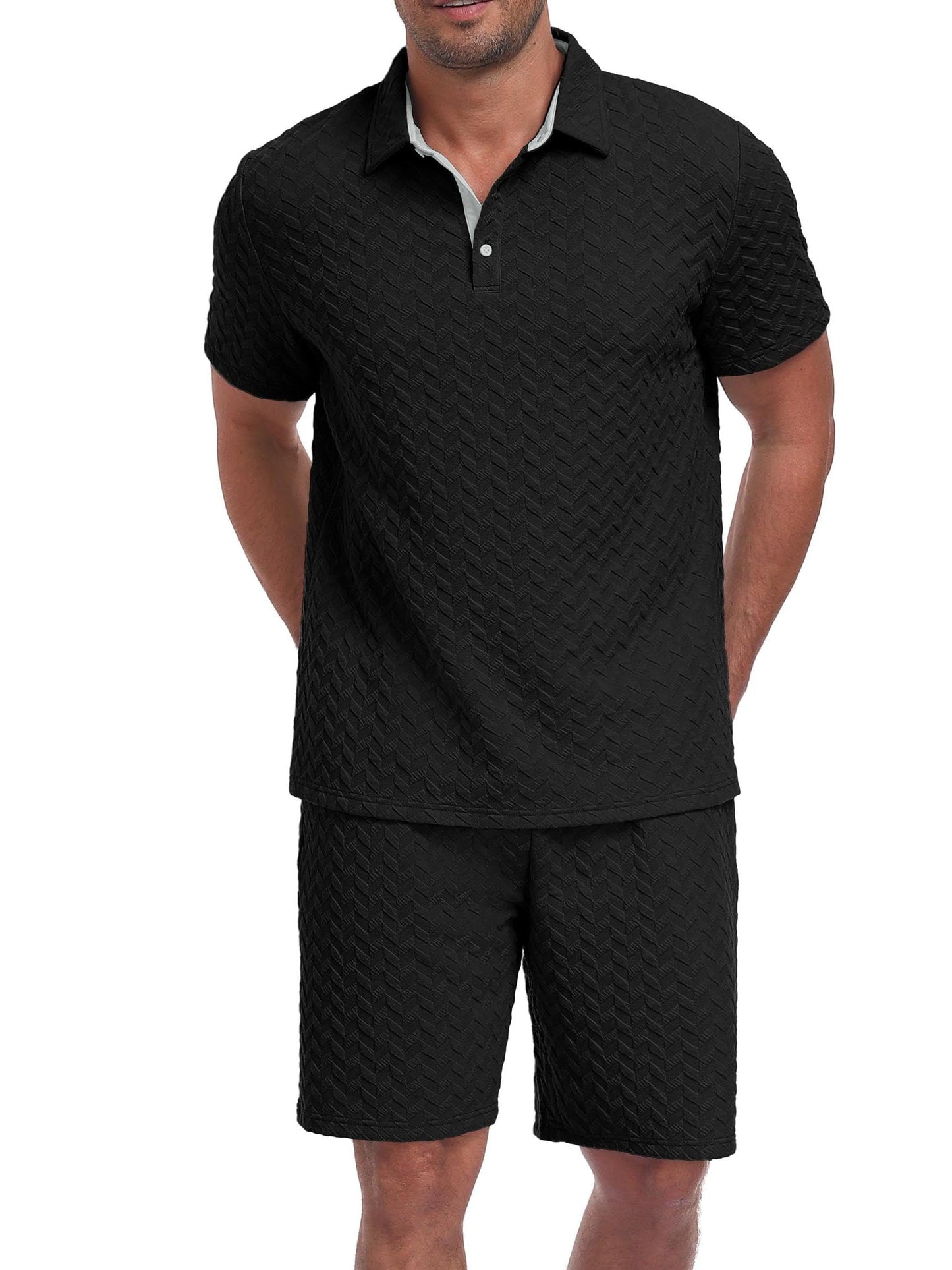 QIXING Herren Sommer Set 2 Teiler Polohemd und Shorts Set Herren Kurzarm Polo Shirt mit Strukturmuster Leichtes Freizeit Outfit für Urlaub Strand Reisen und Alltag
