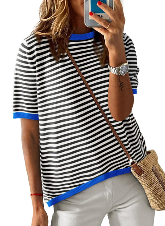 Cuptacc Tshirt Damen Baumwolle Shirt Damen Oberteile Sommer Gestreiftes Rundhals Basic Tops Kurzarm Tunika Damen Blusen Elegant Weiß Schwarz