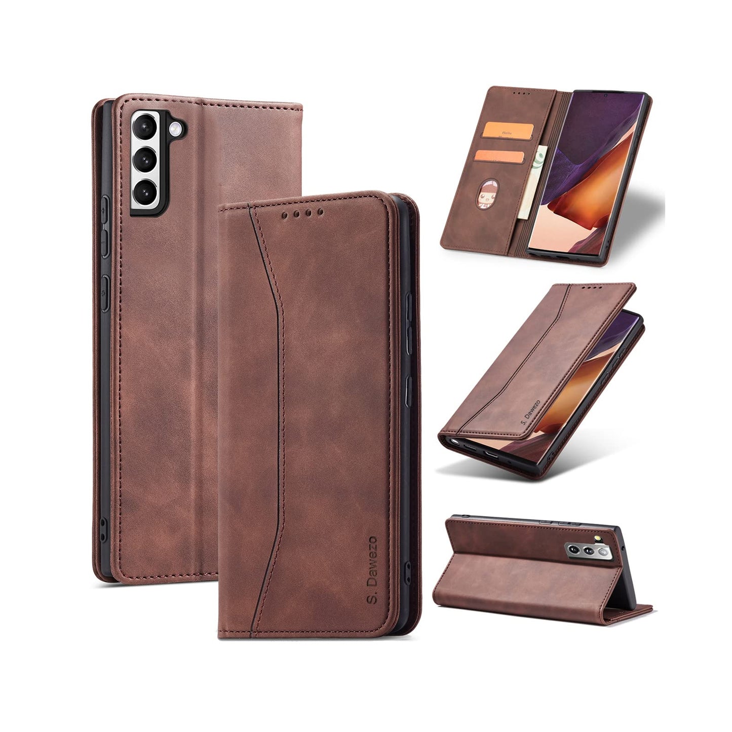 S. Dawezo Hülle für Samsung Galaxy S22 Plus, Premium Leder magnetische Handyhülle mit Ständer, Kartenfach und Brieftasche, Shock Absorbing, kompatibel mit Samsung S22 Plus-Kaffee