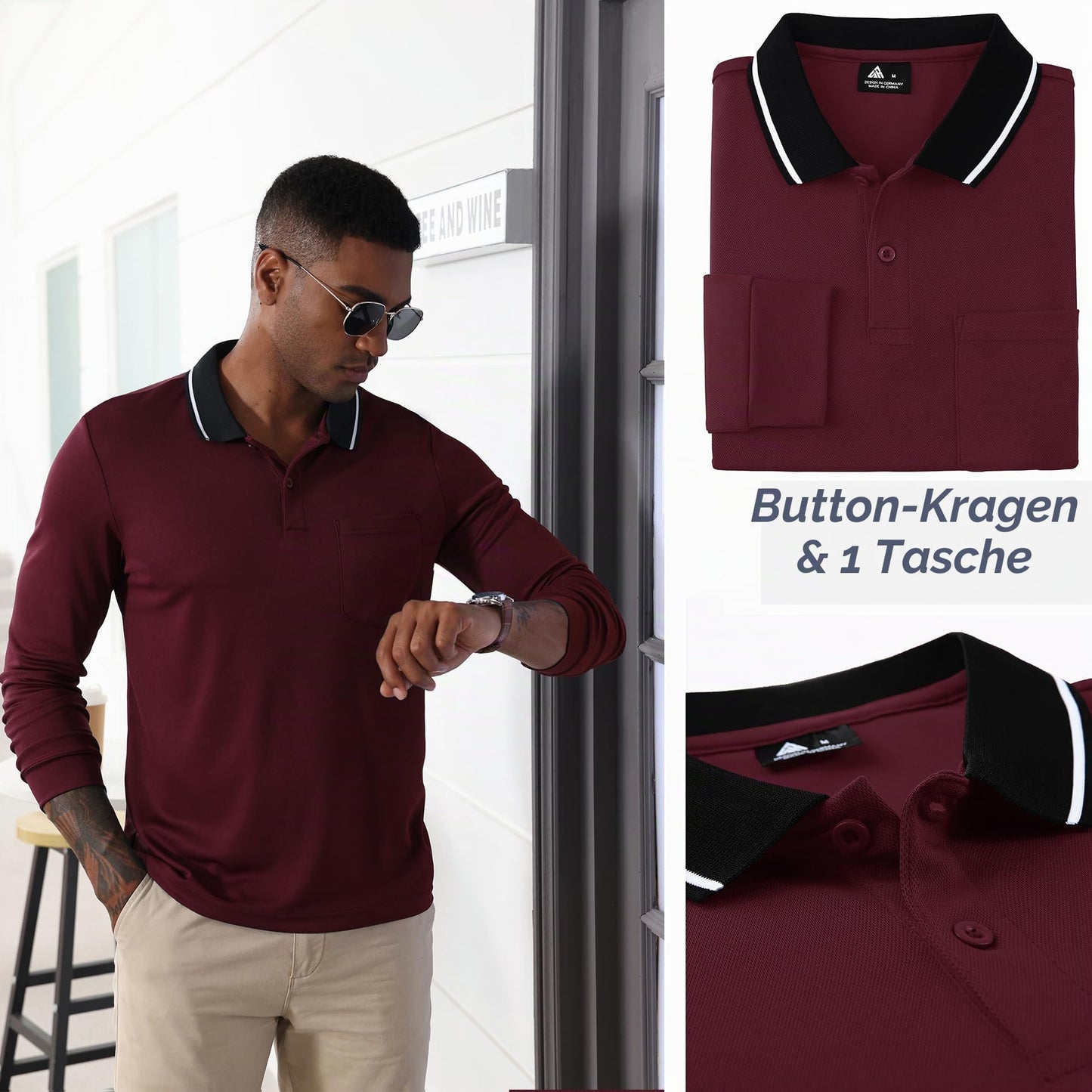 JACKETOWN 3er Pack Poloshirt Herren Langarm Atmungsaktiv Poloshirt Set Knopfkragen Arbeitshemd Golf Polohemd Frühling Herbst Arbeits T Shirt mit Tasche