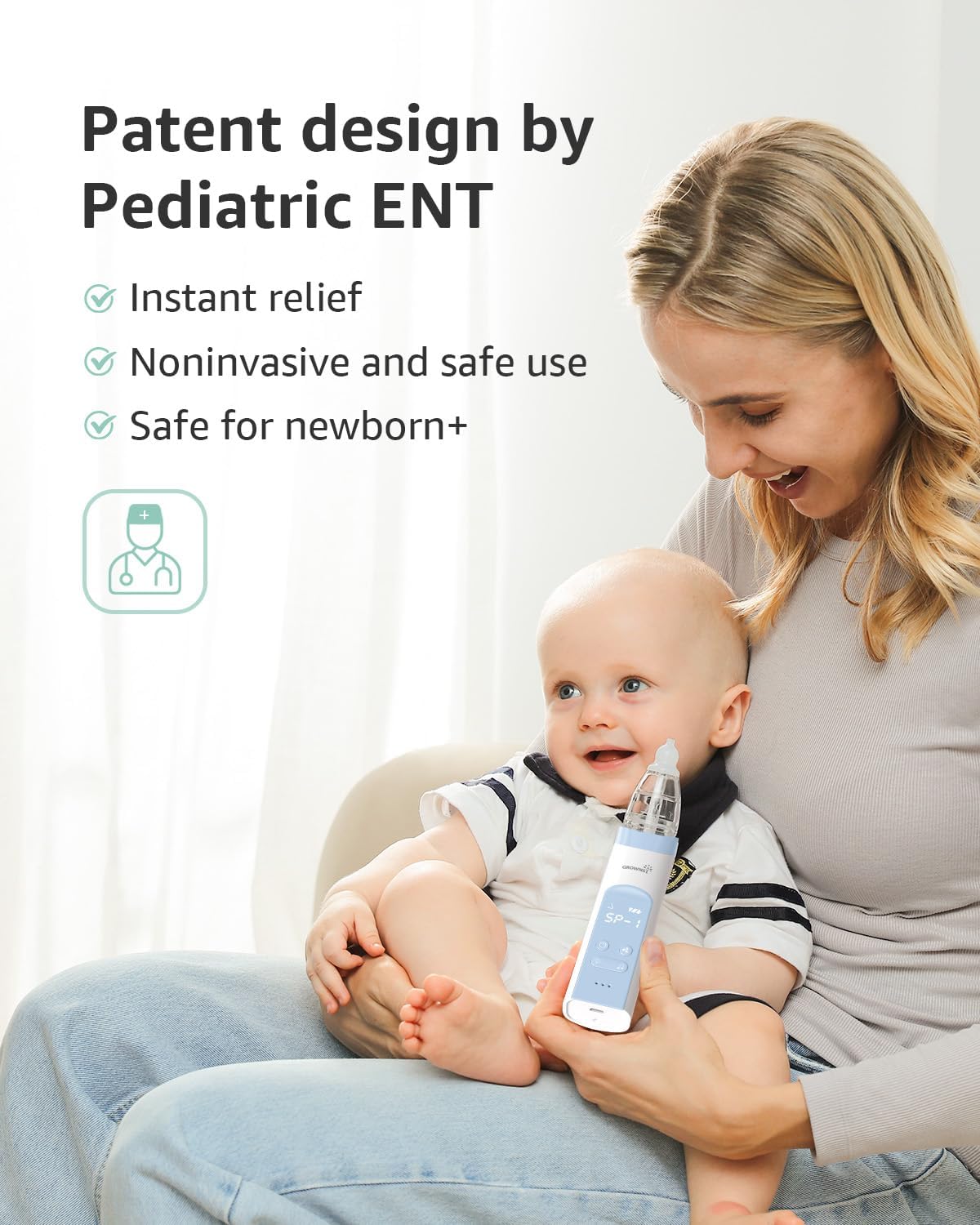 GROWNSY Nasensauger Baby | Nasensauger Baby Elektrisch| Nasensauger Baby Staubsauger Wiederaufladbar, Mit 3 SaugstäRken Musik & Licht Beruhigender Funktion Und 3 GrößEn Silikon Tipps