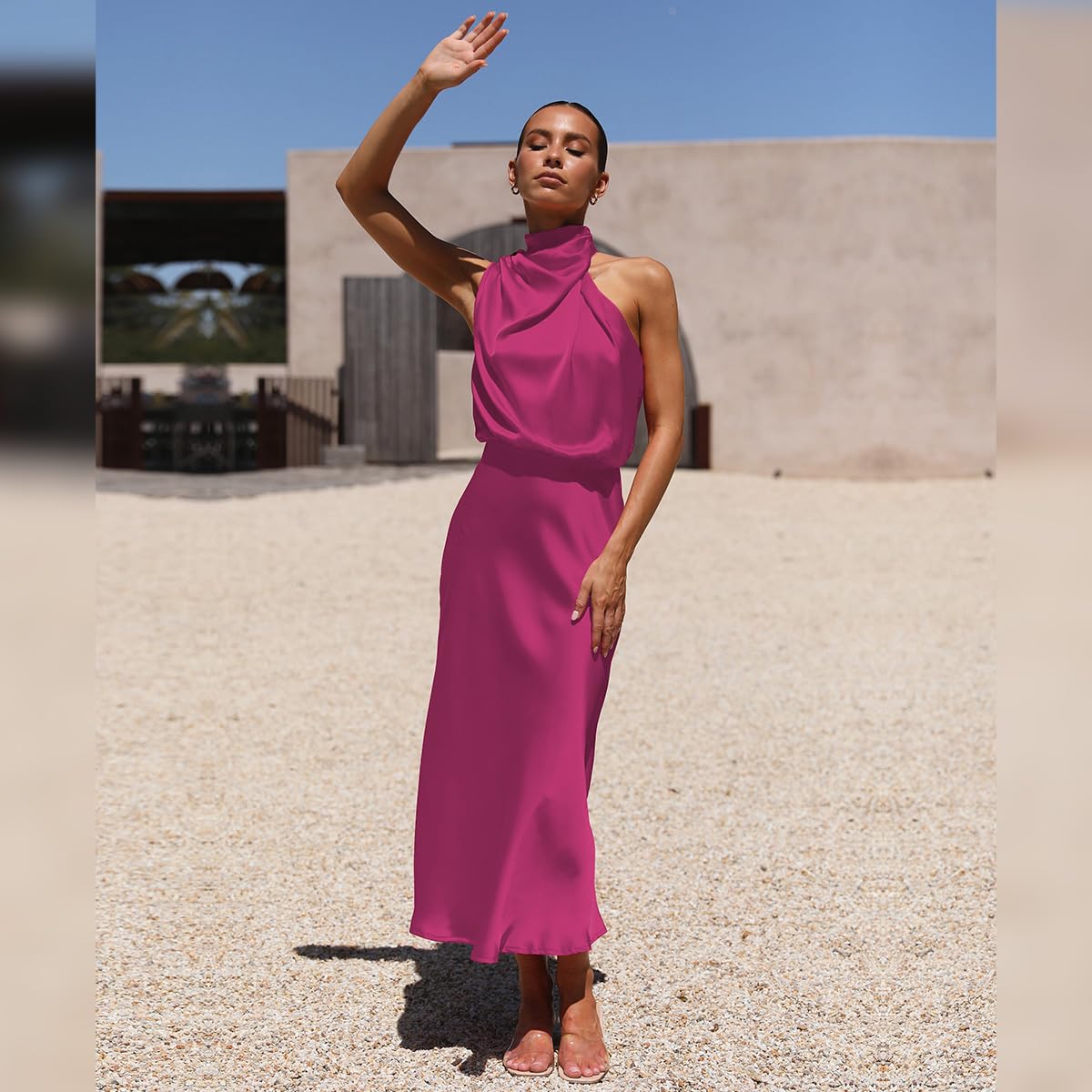 Odizli Damen Elegant Ärmellos Neckholder Satin Sommer Hochzeit Lang Abendkleider