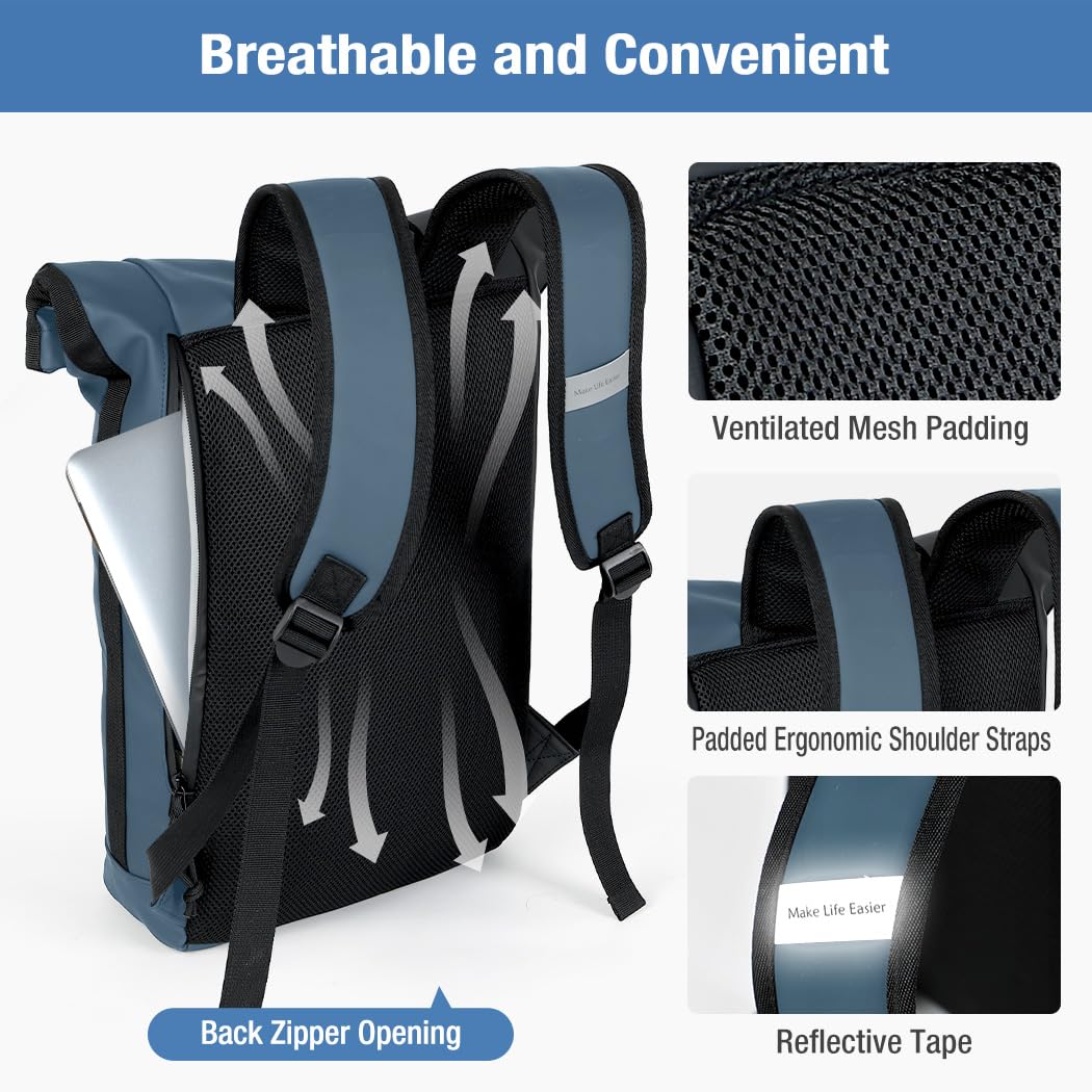 Lekeinchi Rolltop Rucksack Wasserdicht für Damen & Herren, Großer Laptop Rucksack mit Computerfach für 17 Zoll Laptop, Elegant Reiserucksack Daypack für Reisen, Radfahren, Uni Schule, Arbeit-Blau