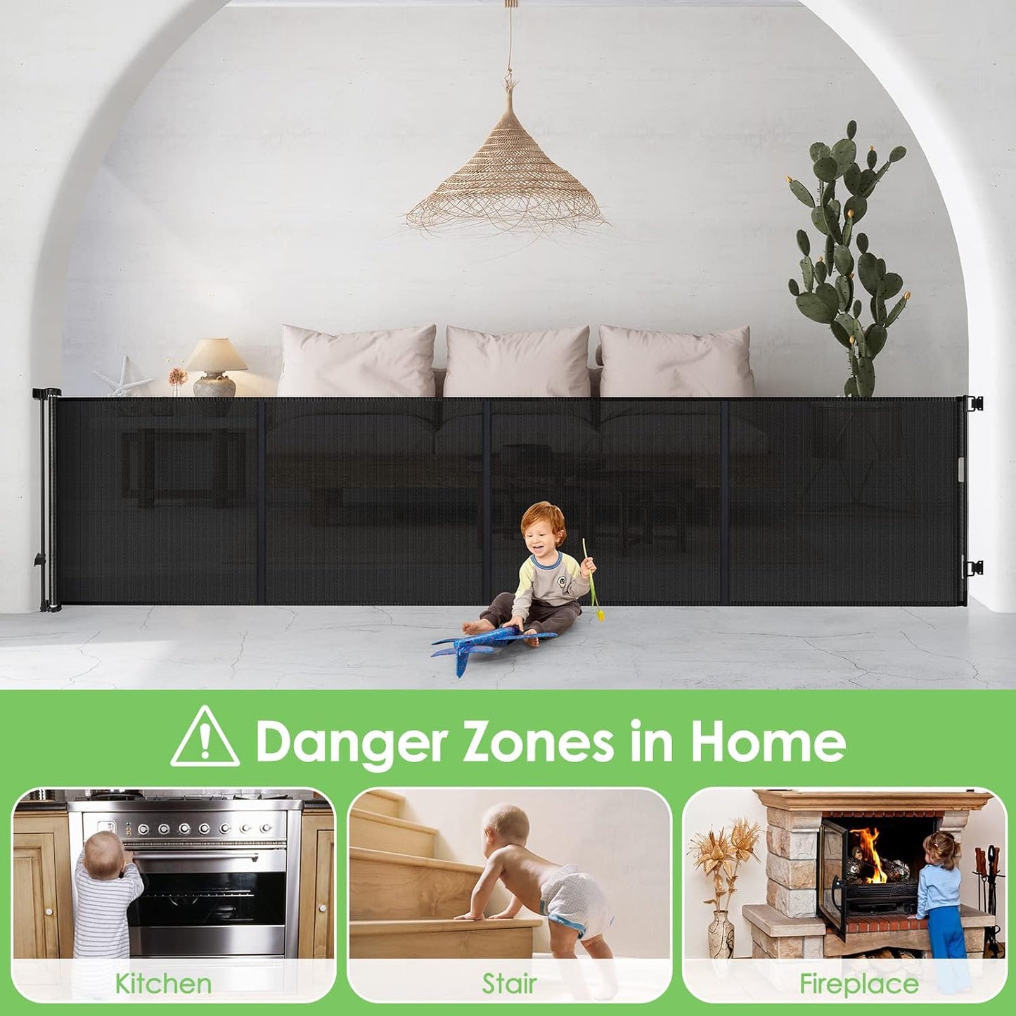 Retractable Stair Safety Gate for Babies, 0-150 cm Wide, Baby Barrier, Cat and Dog Barrier, One-Handed Operation, Suitable for Indoor & Outdoor Use (150 cm, Black)