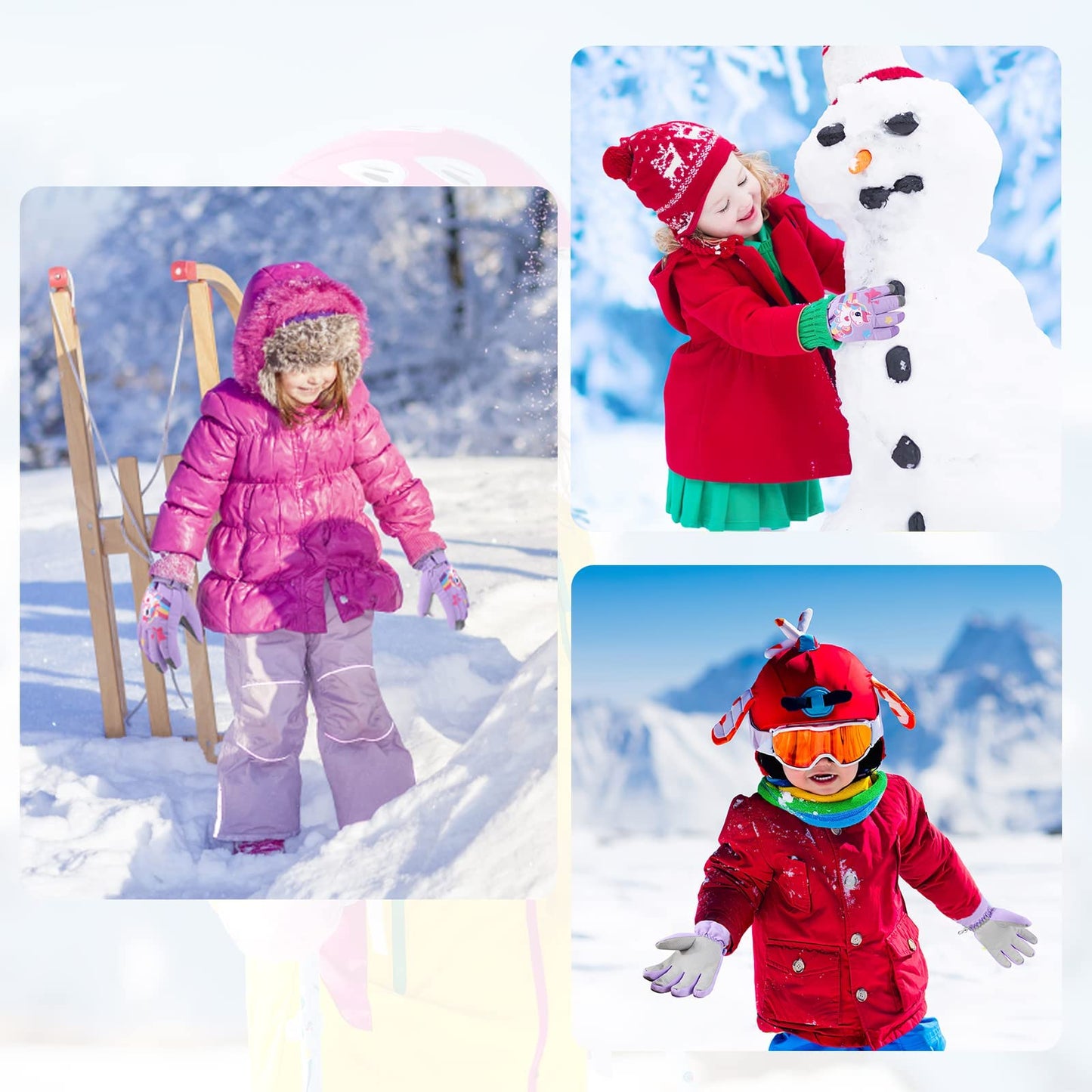 Children's Winter Ski Gloves Waterproof Snowboard Gloves Non-Slip Plush Lined Warm Unicorn Gloves for Girls Boys 2-9 Years Old
