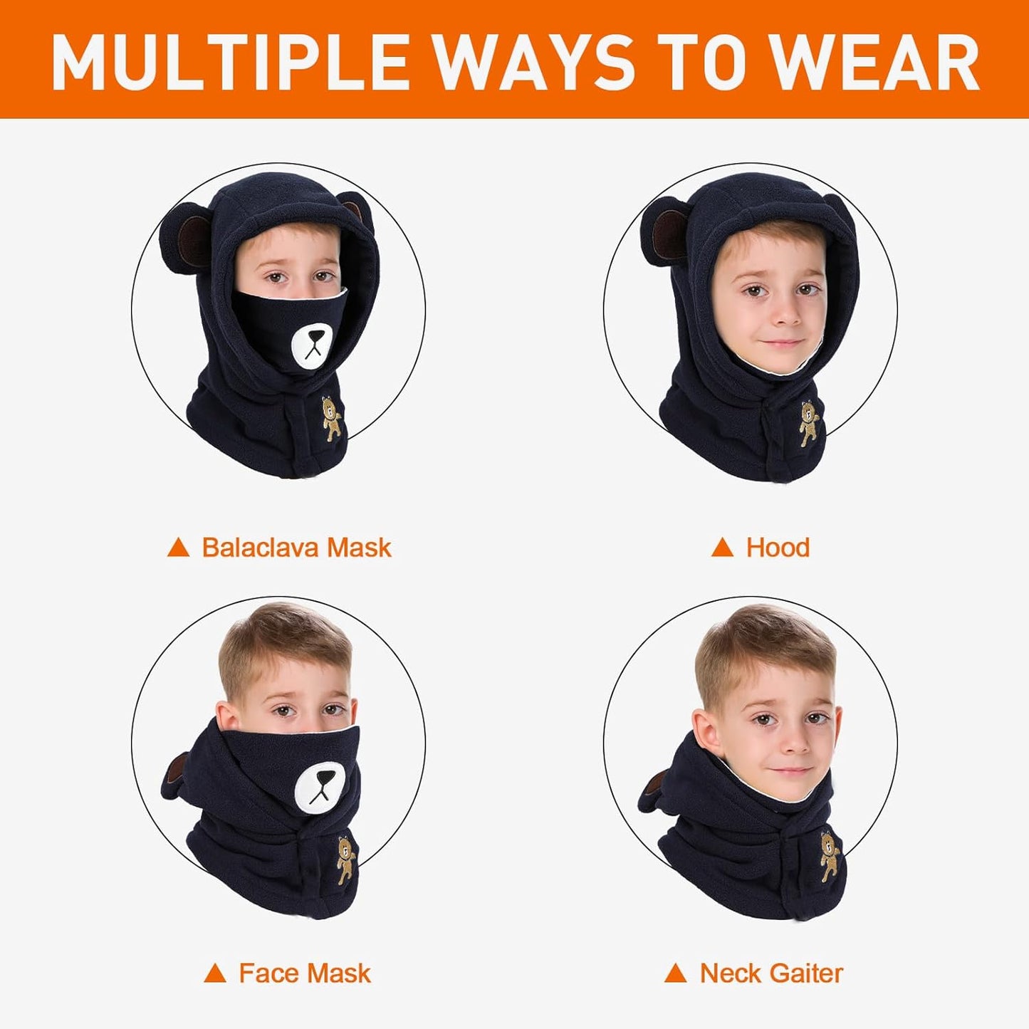 Children's Winter Thermal Fleece Balaclava 4-12 Years, Multifunctional Windproof Adjustable Face Mask, Ski Mask, Warm Hat, Balaclava, Neck Warmer Scarf for Boys and Girls, Outdoor Activities