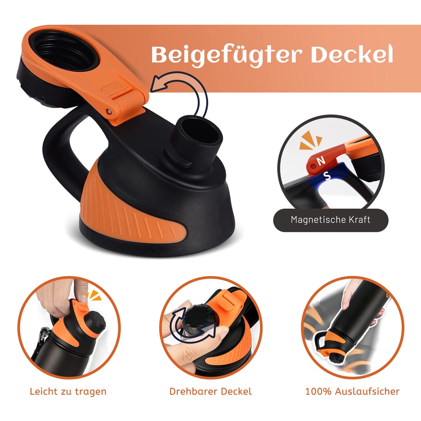 Fjbottle Edelstahl Trinkflasche Sport mit Magnetischem Deckel 1L, 800ml, 600ml, 400ml BPA-Frei Auslaufsichere Kinder Flasche - Kohlensäure geeignet 1500ML Wasserflasche Thermo für Schule, Fitness