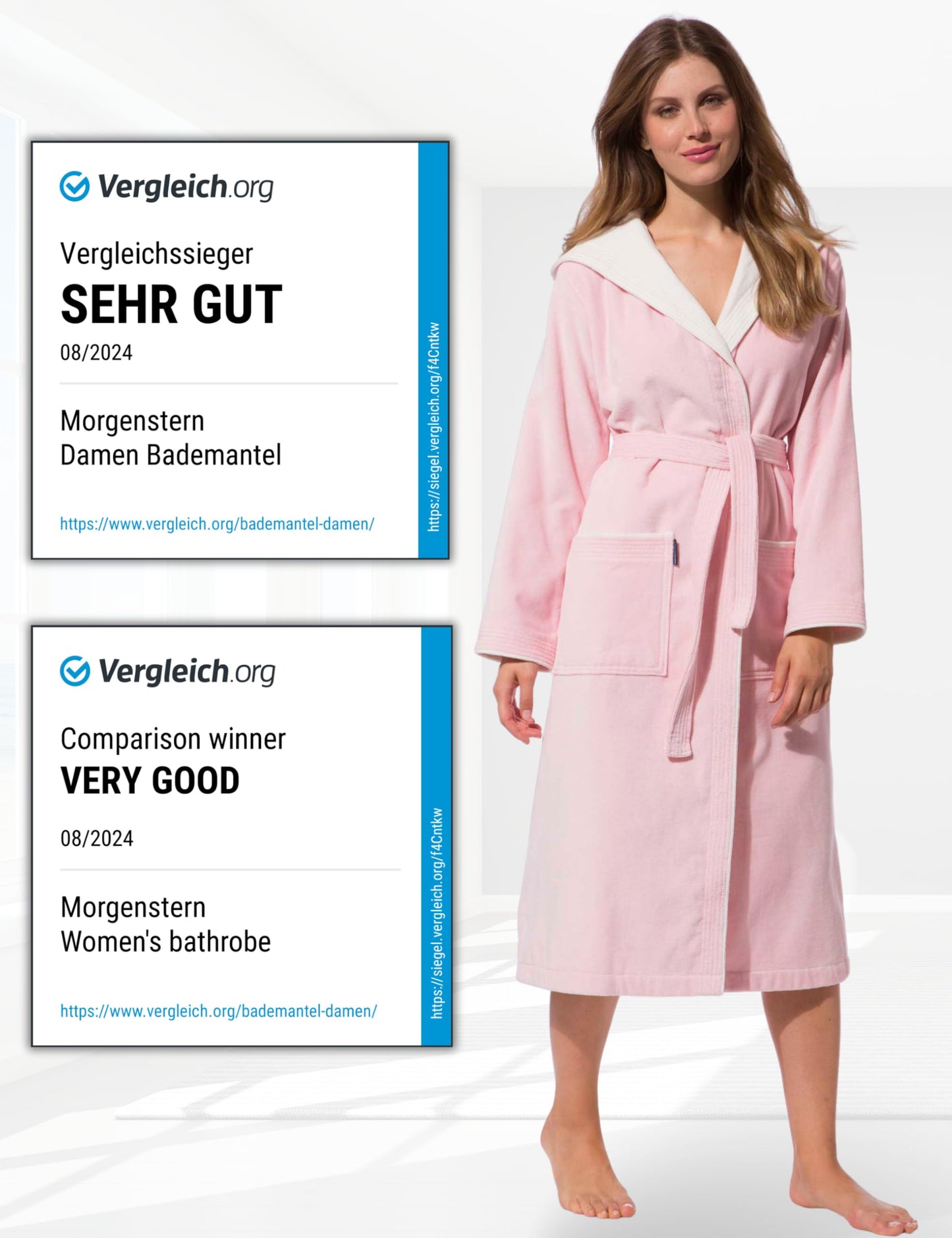 Morgenstern Bademantel Damen 100% Baumwolle mit Kapuze Frottee-Velours OEKO-TEX Leonie