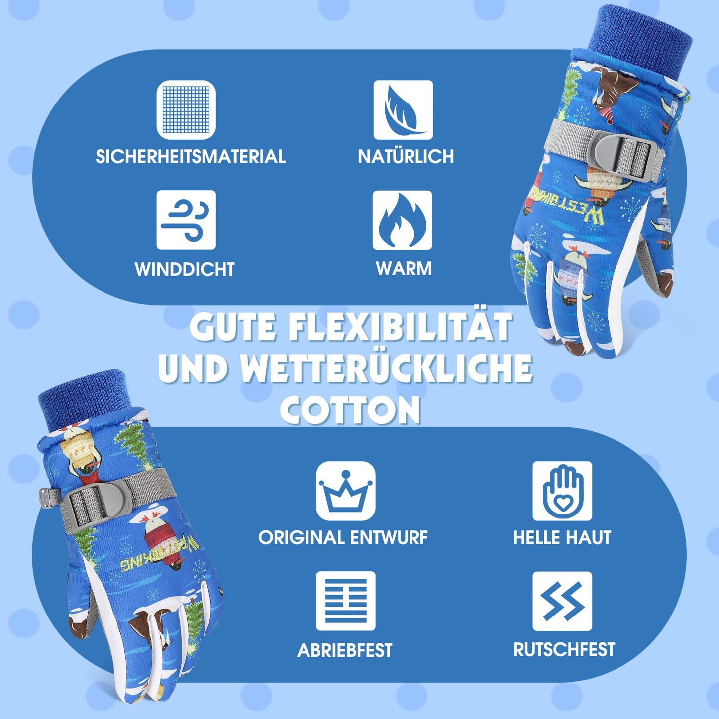 WESTGIRL Children’s Winter Gloves, Windproof, Warm Ski Gloves, Thermal Fleece, Water-Repellent Cartoon Snow Gloves, Outdoor Gloves for Snowboarding, Cycling, for Boys and Girls Aged 3–12 Years