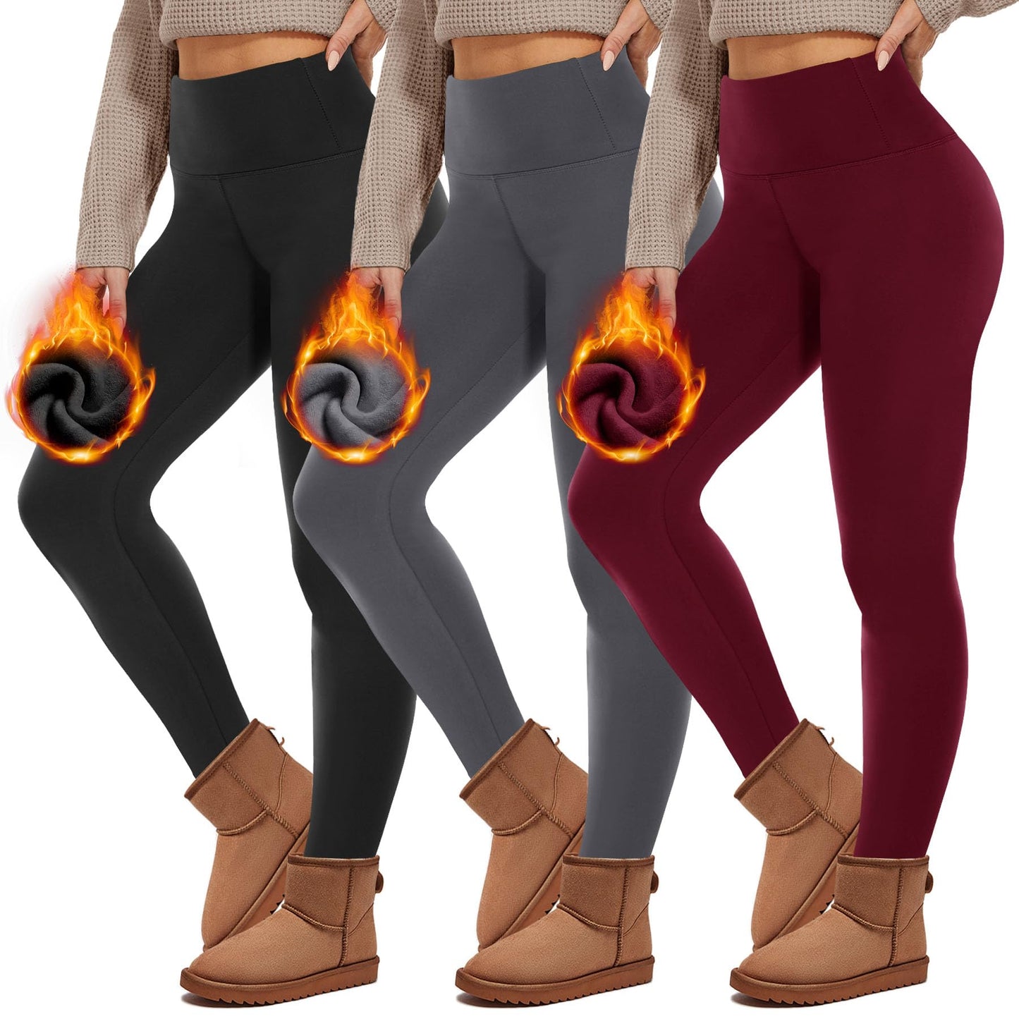 HIPOWER Pack of 3 Women's Thermal Leggings with Pockets Leggings Lined Winter High Waist Fleece Warm Leggings Opaque Black Sports Thermal Underwear Running Trousers Yoga Pants