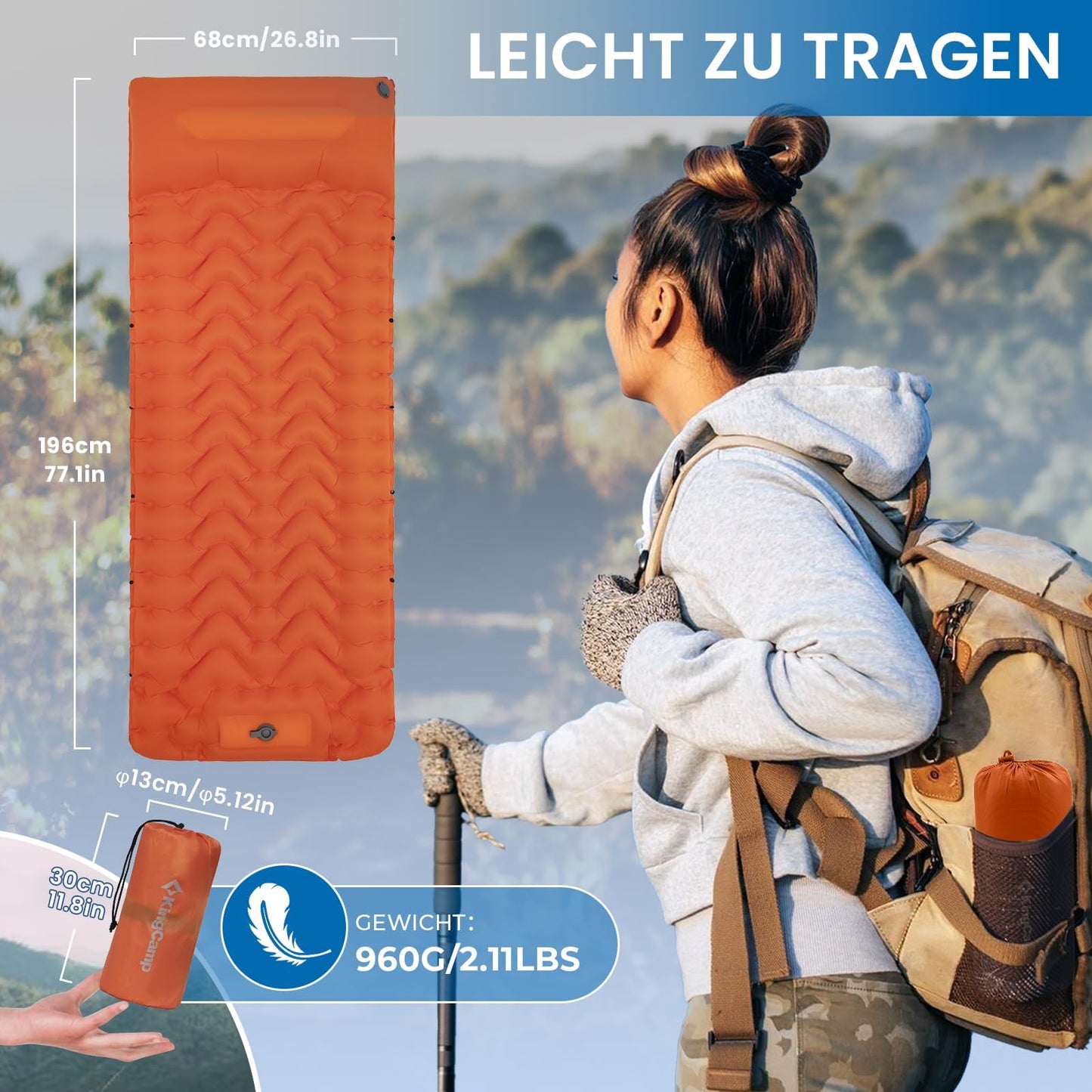 KingCamp Camping Isomatte Selbstaufblasend mit Fußpumpe, Luftmatratze 1 Personen mit integrierten Kopfkissen Outdoor Ultraleichte Campingmatte kleines Packmass, für Camping, Wandern, Trekking