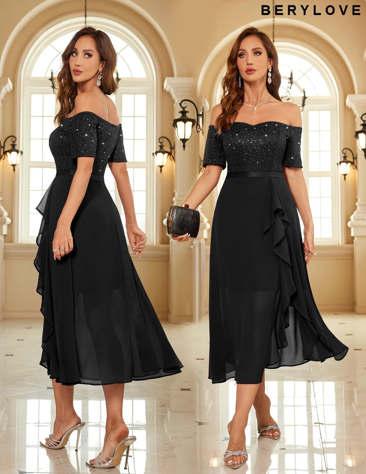 Berylove Abendkleid Damen Lang Glitzer Kleid Cocktailkleid Elegant für Hochzeit Off Shoulder Kleid Ballkleid