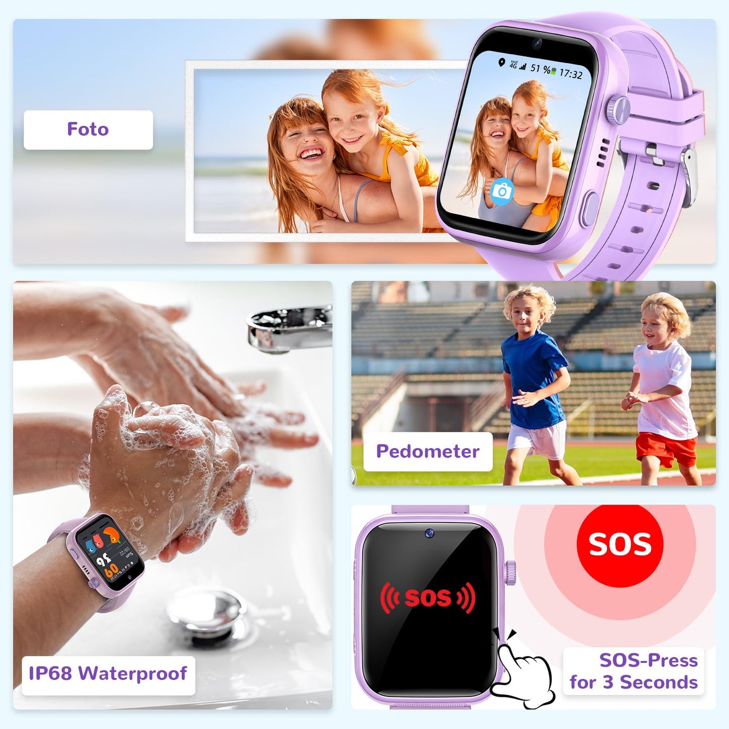 4G Children's Smartwatch with Video Call and Phone, IP68 Waterproof Children's Watch Voice Chat, WhatsApp, WiFi, GPS, SOS, SMS, School Mode, Pedometer, Sleep Alarm Clock, Children's Watch for Girls