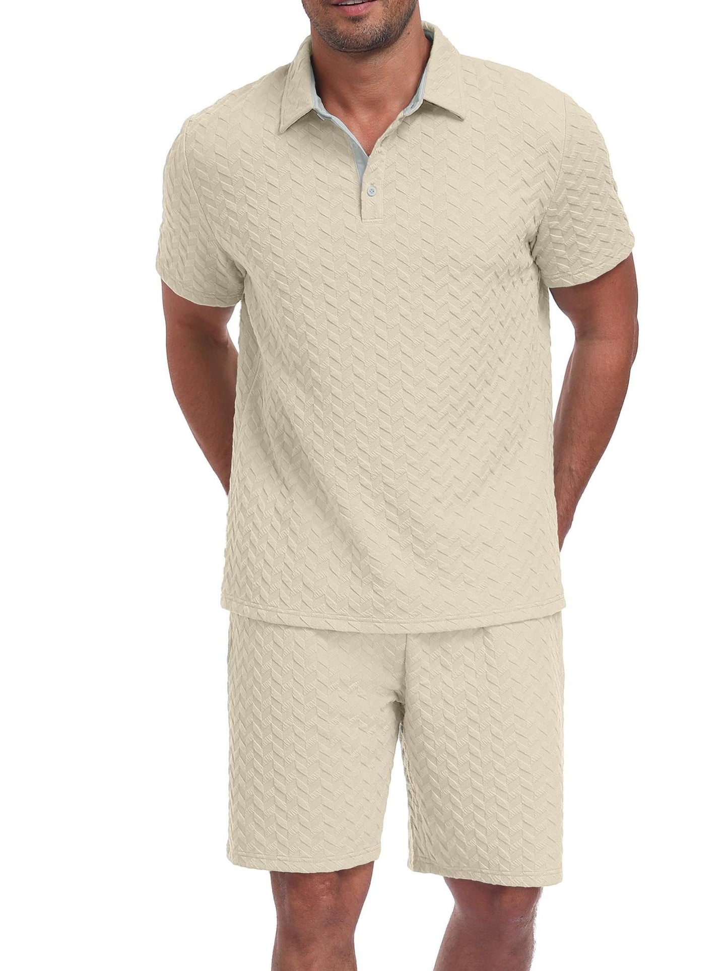 QIXING Herren Sommer Set 2 Teiler Polohemd und Shorts Set Herren Kurzarm Polo Shirt mit Strukturmuster Leichtes Freizeit Outfit für Urlaub Strand Reisen und Alltag