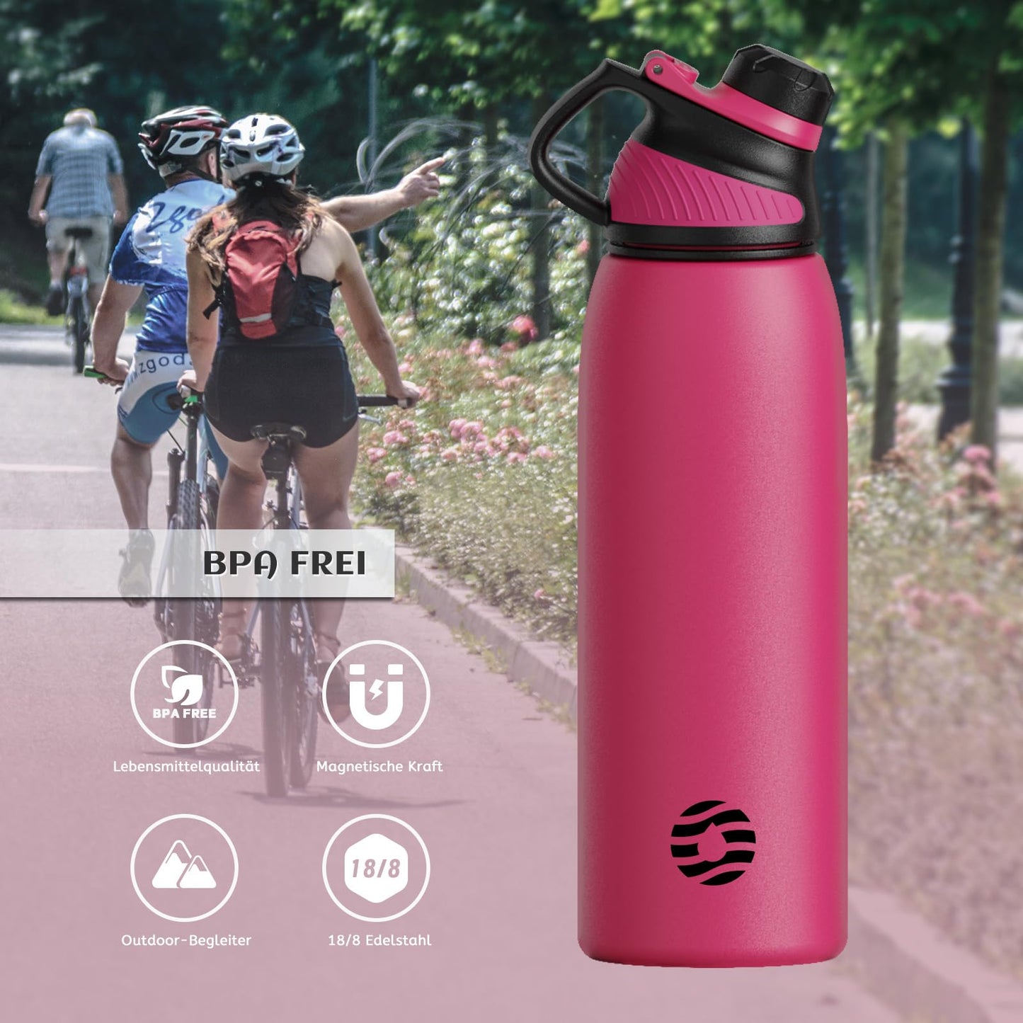 Fjbottle Edelstahl Trinkflasche Sport mit Magnetischem Deckel 1L, 800ml, 600ml, 400ml BPA-Frei Auslaufsichere Kinder Flasche - Kohlensäure geeignet 1500ML Wasserflasche Thermo für Schule, Fitness