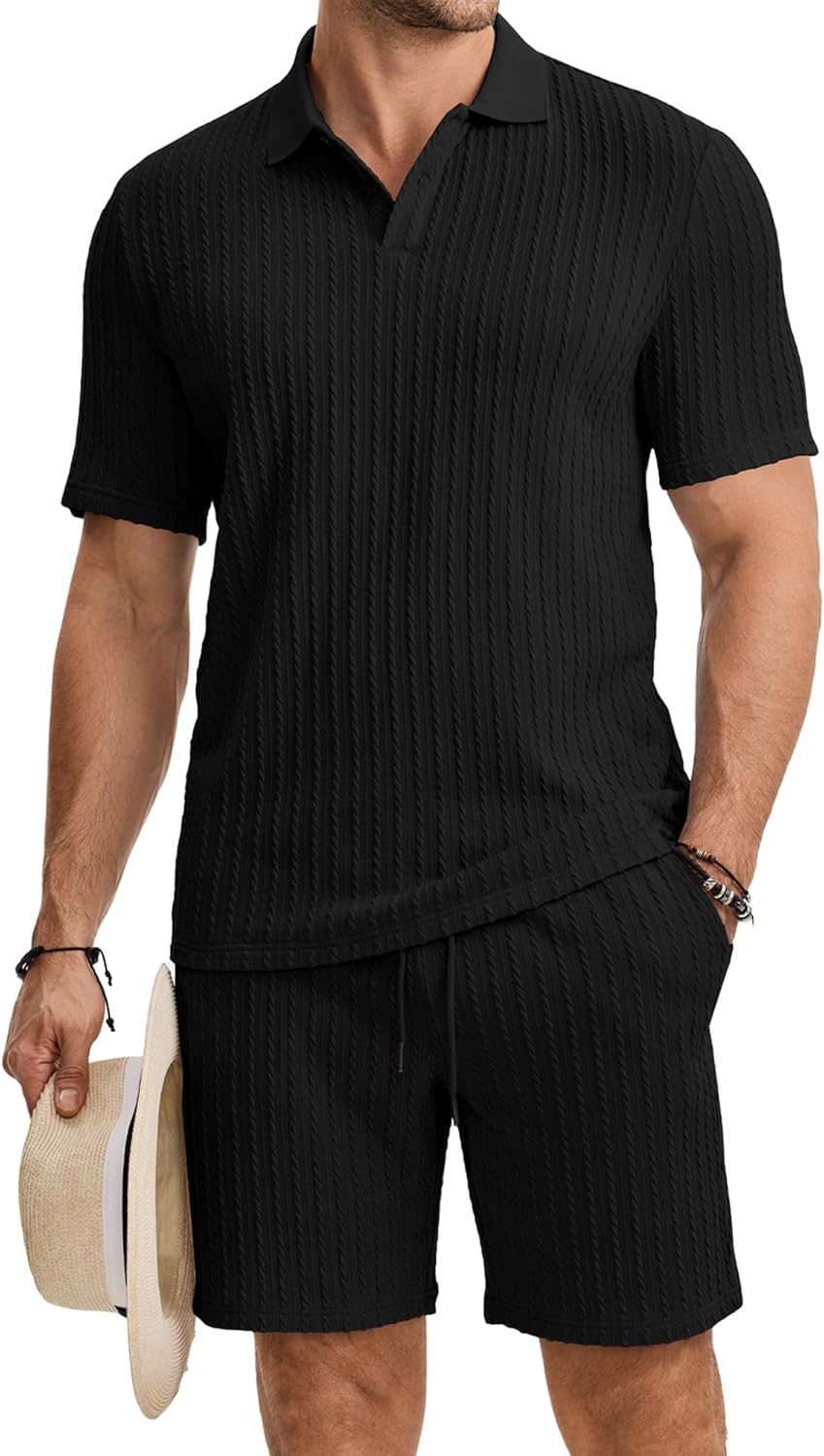 JMIERR Herren Jogginganzug Set Sommer 2 Teiliges Poloshirts Kurzarm Einfarbig Strick mit Kurze Hose Herren mit Elastischer Taille Baggy Freizeitanzug